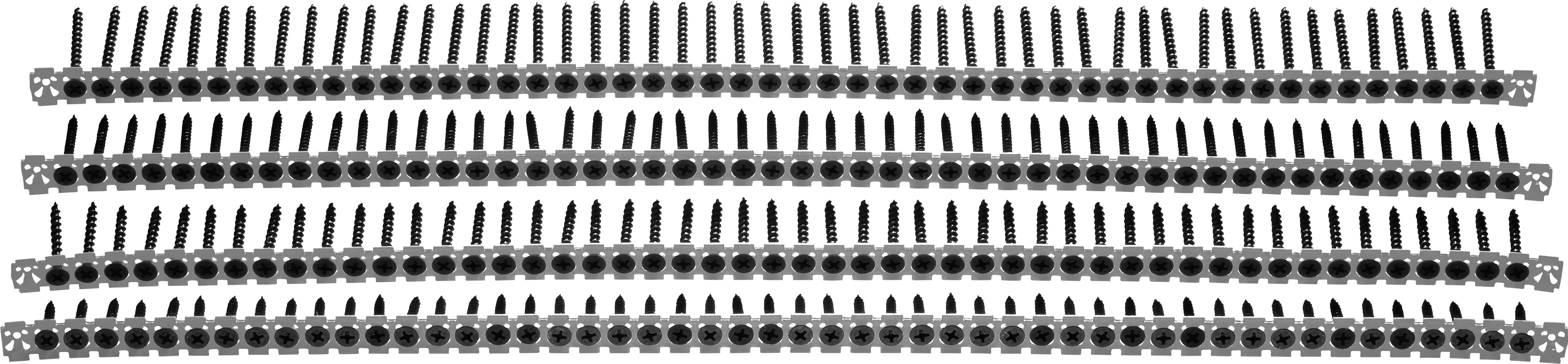 Nahaufnahme von fünf Reihen kollimierter Schrauben, horizontal ausgerichtet und gleichmäßig verteilt, verwendet zum schnellen Laden in einem automatischen Schraubendreher.