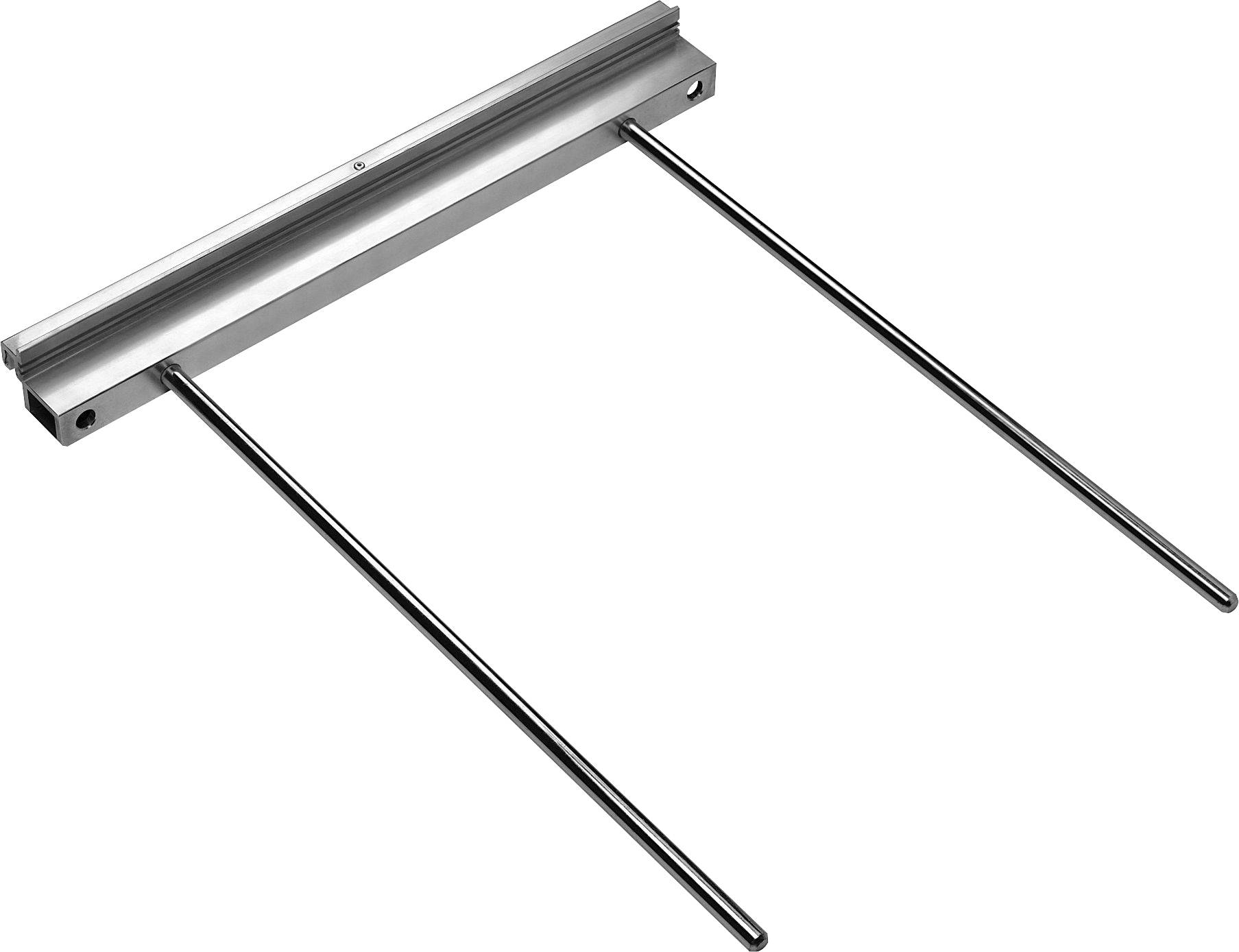 Metallwerkzeug mit flacher Basis und zwei parallel nach unten verlaufenden Stäben, wahrscheinlich für die Ausrichtung oder Präzision in Maschinenkonfigurationen verwendet.