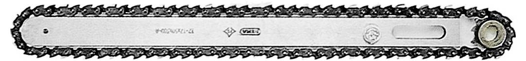 Das Bild zeigt eine Metallkettensaw-Schiene mit angebrachter Kette, die Logos und einen Spannungsverstellschlitz auf ihrer Oberfläche zeigt.