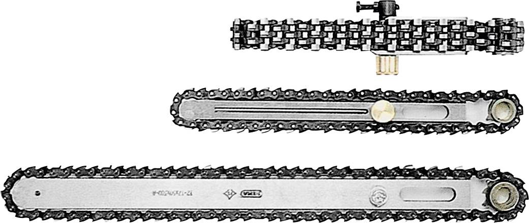 Eine Kettensäge mit separat angezeigten Komponenten: Kette, Führungsschiene und Kettenrad.