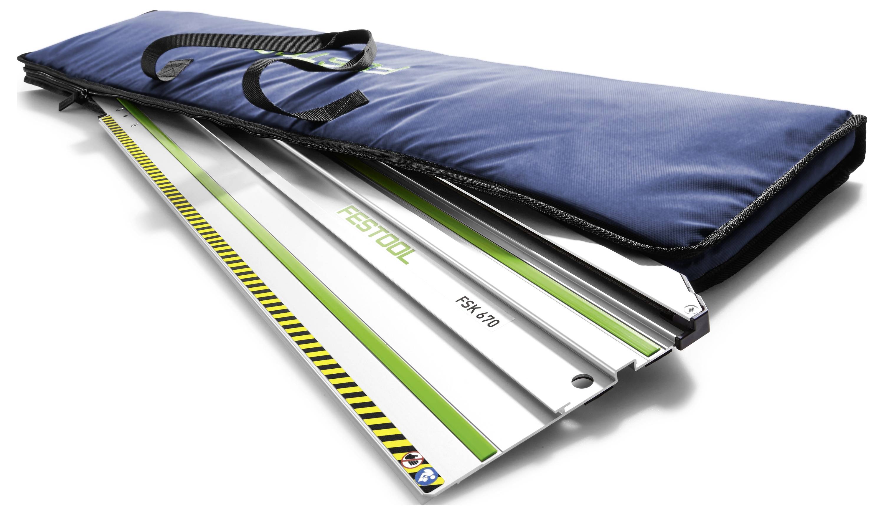 Ein blaugepolstertes Transportetui, das teilweise offen ist und eine Festool FS-KP 379 Führungsschiene mit gelben und schwarzen Warnmarkierungen zeigt.