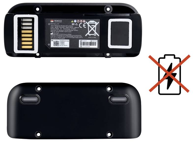 Batteriepack von vorne und hinten gezeigt, mit Ladekontakten und Warnung, nicht im Müll zu entsorgen, gekennzeichnet durch durchgestrichenes Batteriesymbol.