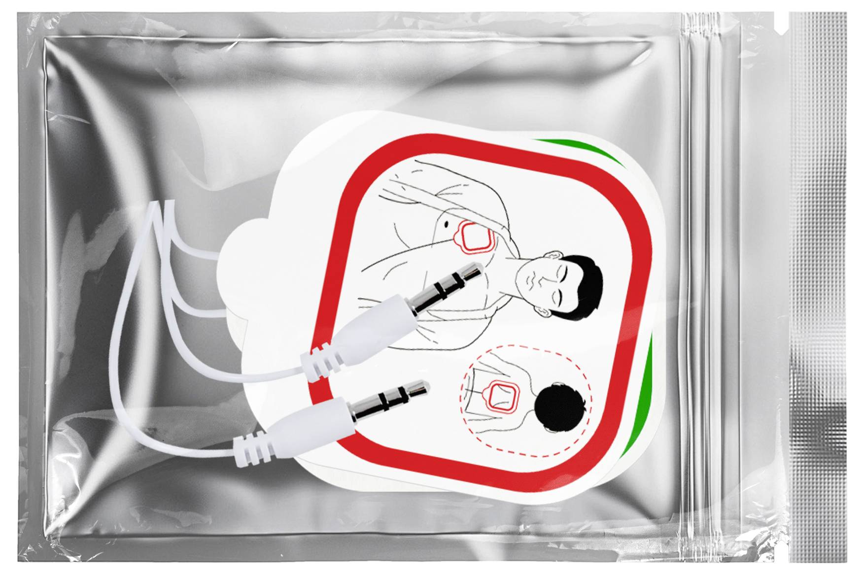Steril verpacktes Medizinprodukt mit zwei Schläuchen-Anschlüssen und Patientenplatzierungsdiagramm auf dem Etikett.