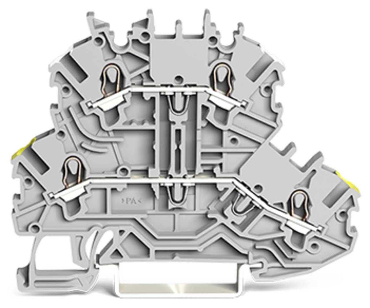 Ein graues elektrisches Klemmenleistenblock mit sichtbaren Kanälen und Schraubklemmen, das zum Verbinden mehrerer Schaltungskomponenten verwendet wird.