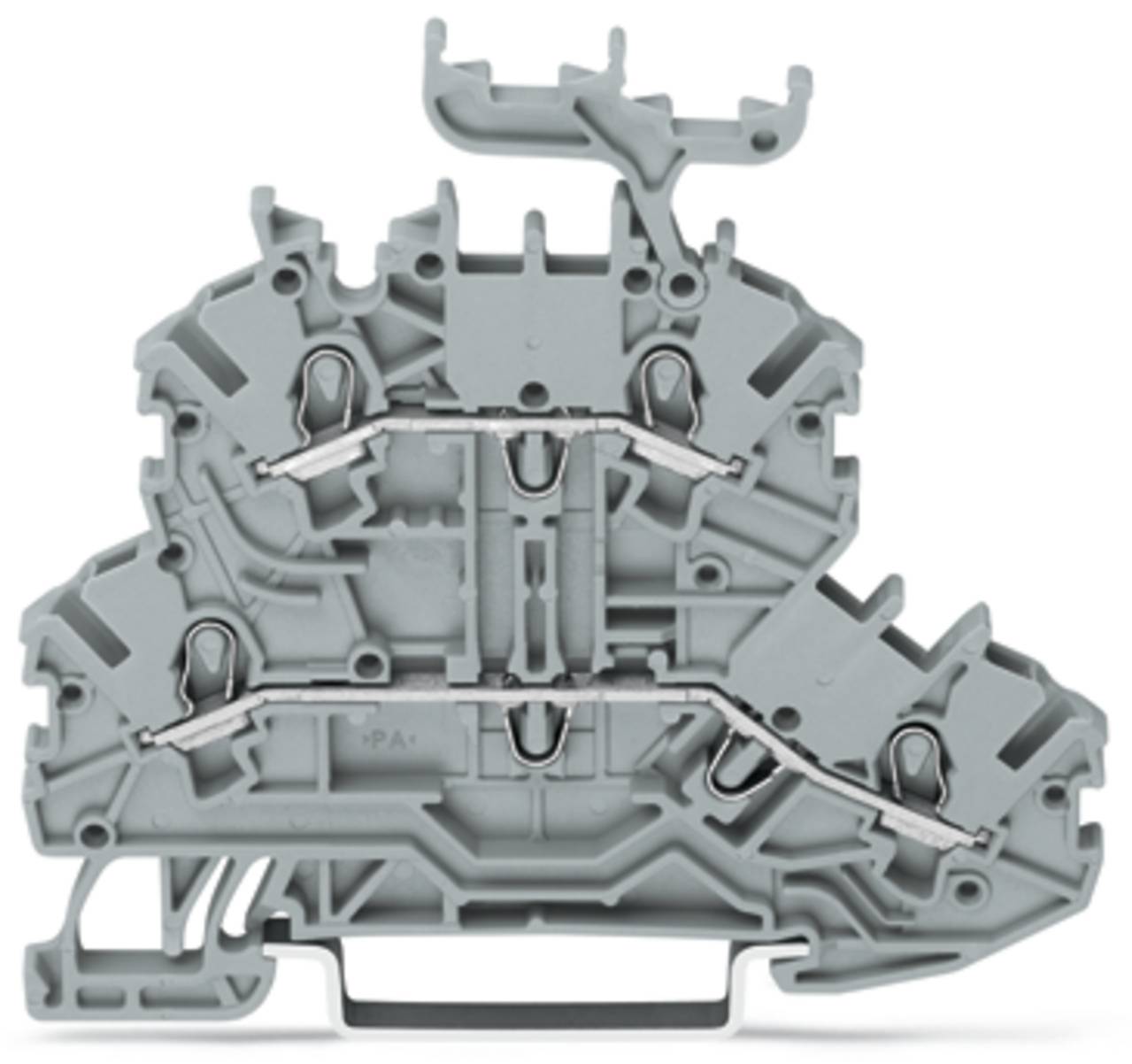 Ein graues, kunststoffes Klemmleistenblock, das in elektrischen Systemen verwendet wird und mehrere Anschlussebenen sowie interne Leitungswege zum Leiten von Strom aufweist.