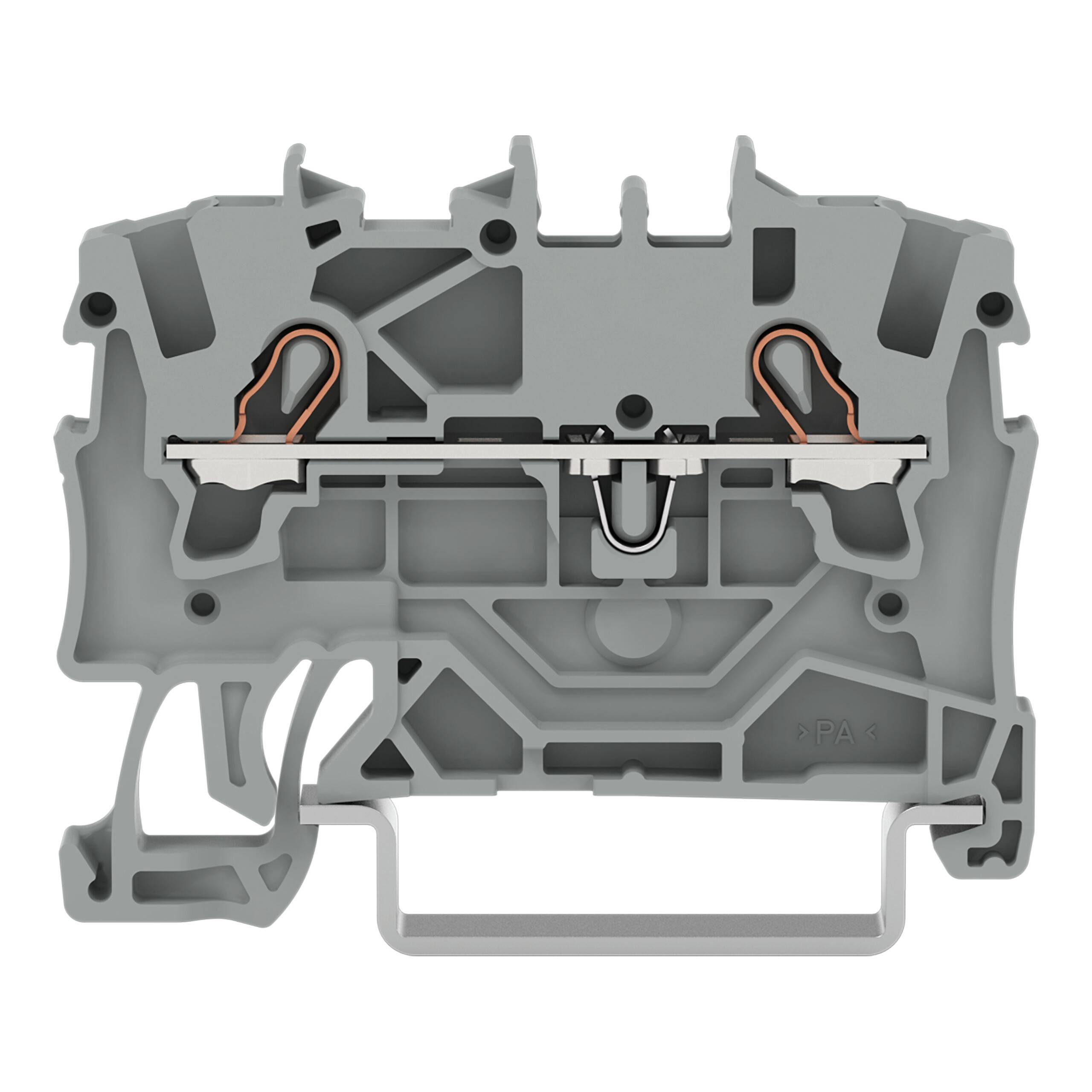 Eine graue industrielle mechanische Komponente mit mehreren geometrischen Formen und Rillen, die zwei prominente Kupferverbinder im Inneren aufweist.