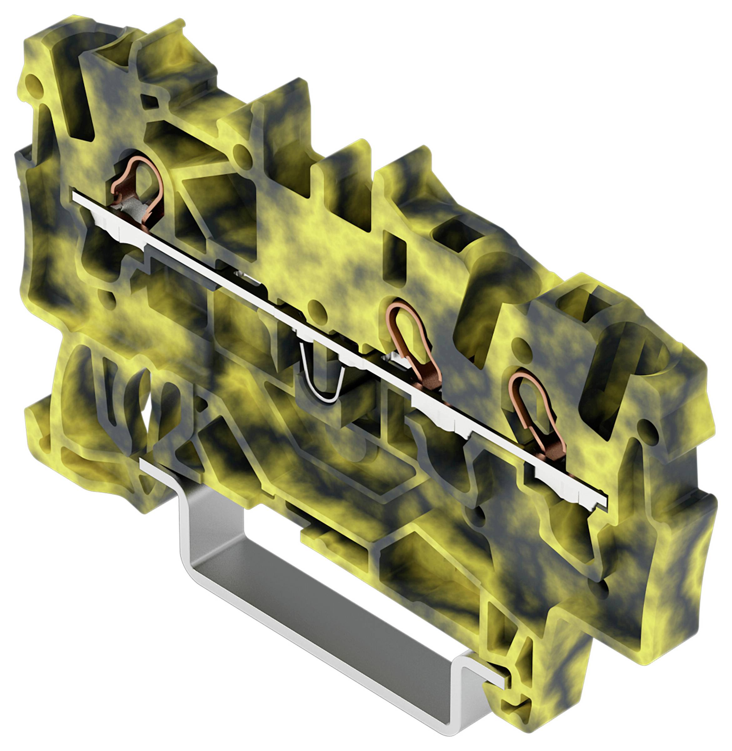 Ein gelb-schwarzes Kunststoff-Klemmleisten-Bauteil mit Metallverbindungen und einer metallischen Montageklammer auf der Unterseite.