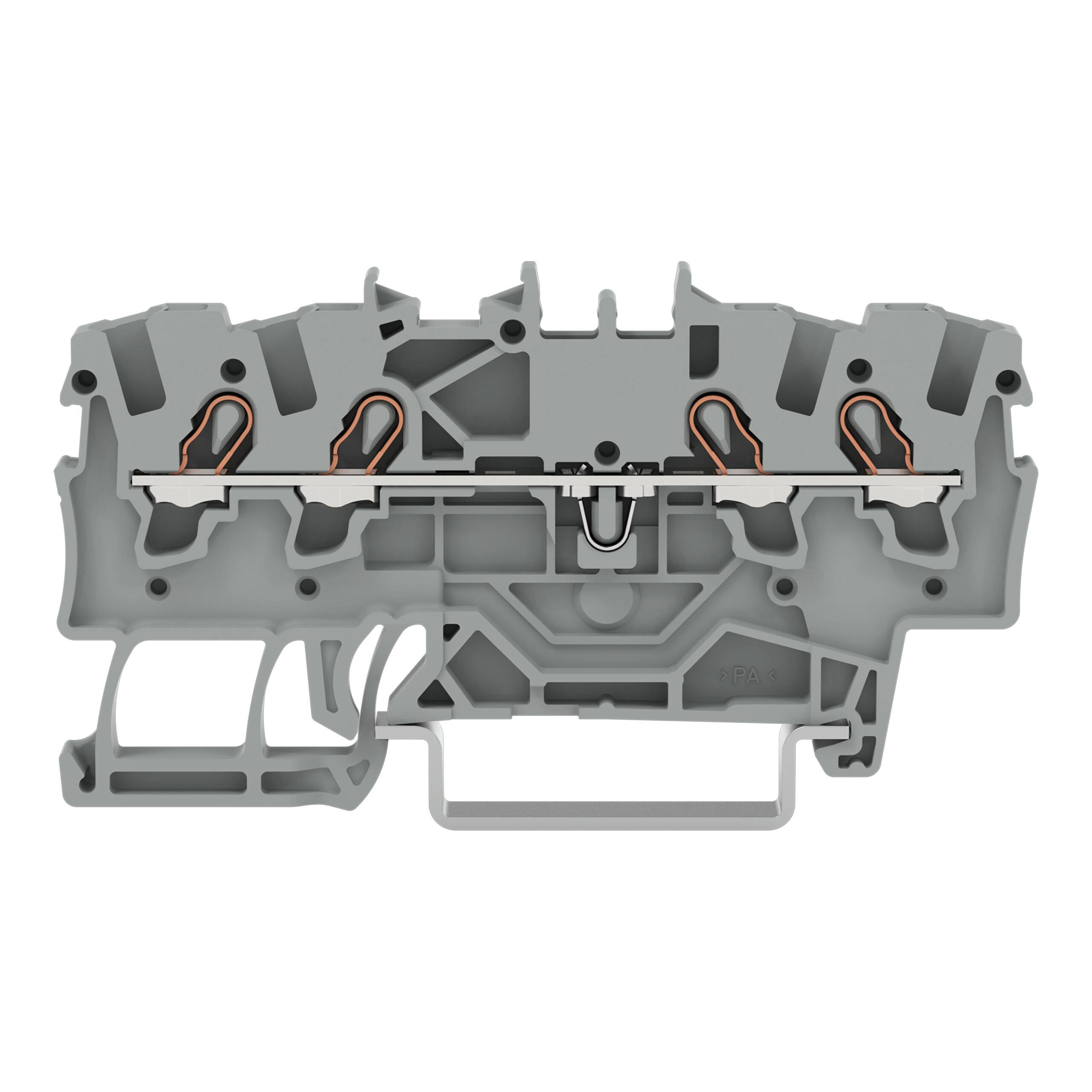 Eine detaillierte Ansicht eines grauen Electrical Terminal Block mit mehreren Anschlußpunkten und orangefarbenen Komponenten im Inneren, verwendet für Verdrahtungsaufbauten.