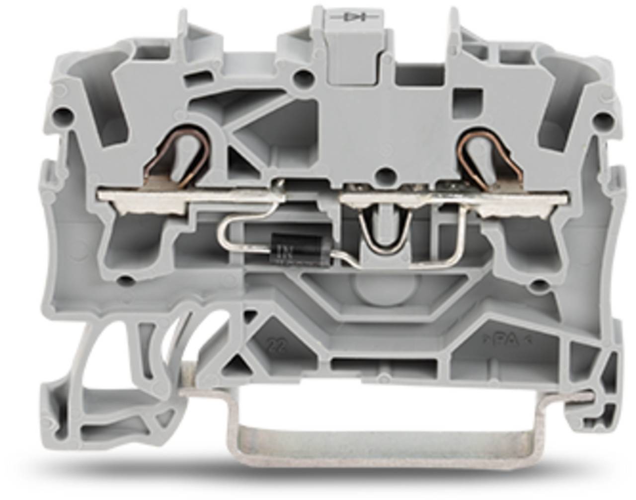 Ein Nahaufnahmebild eines grauen Elektroanschlussblocks mit metallischen Steckverbindern.