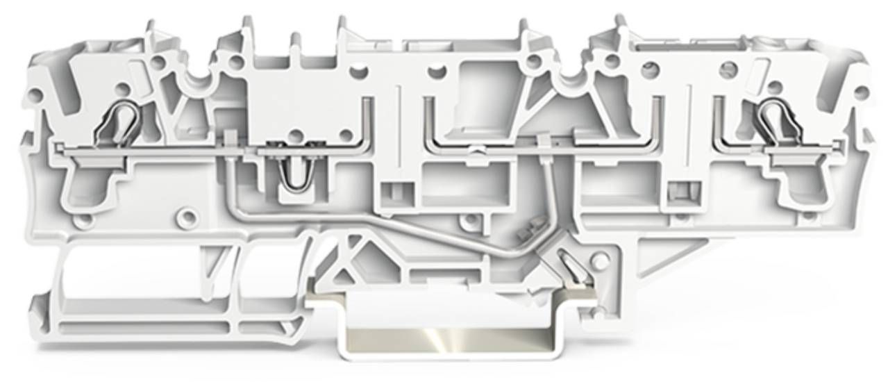 Eine komplexe weiße Kunststoffform mit aufwendigen Kammern und Nuten, möglicherweise ein Industriebauteil, das in Maschinen oder Elektronik verwendet wird.