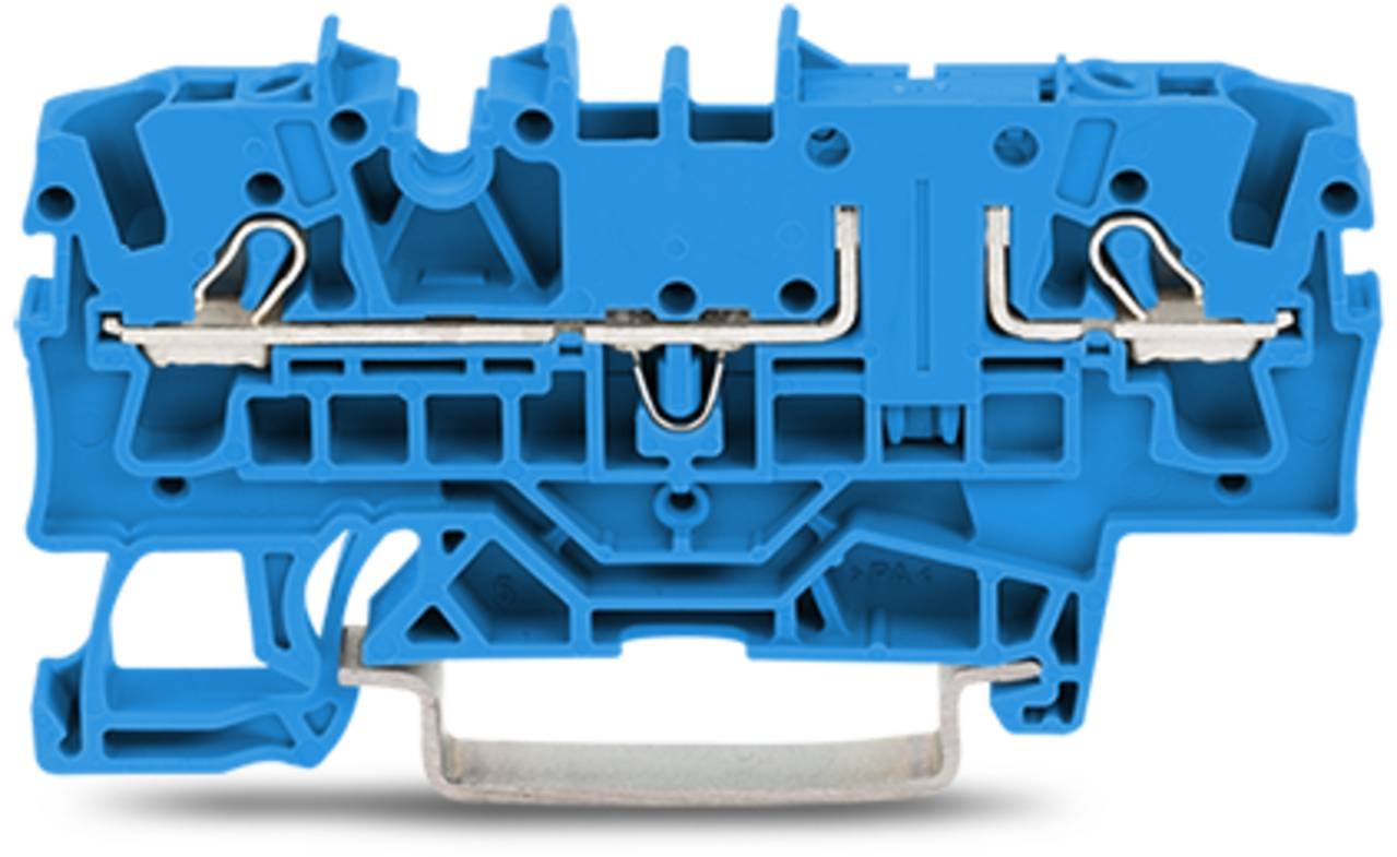 Ein blauer Klemmblock mit einer Metallverbindungsschiene und mehreren Schlitzen zur Verdrahtung, der in Schaltschränken zur sicheren Drahtverdrahtung verwendet wird.