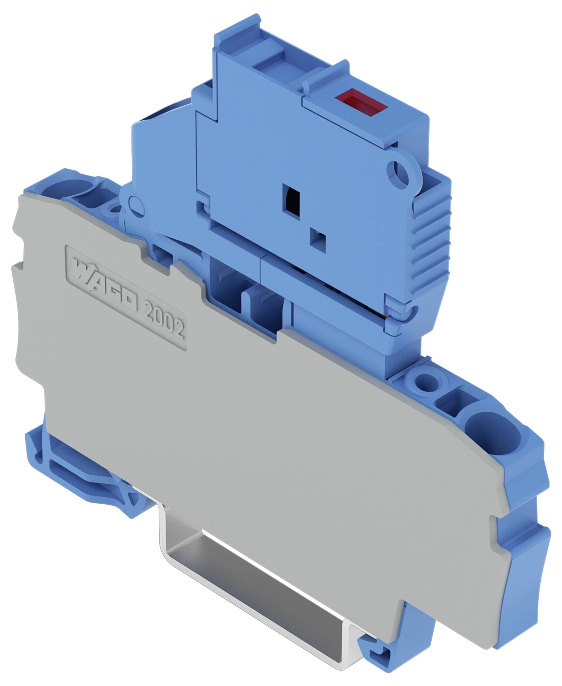 Ein blau-grauer Elektroklemmenblock mit einer roten Taste oben, gekennzeichnet mit „WAGO 2002