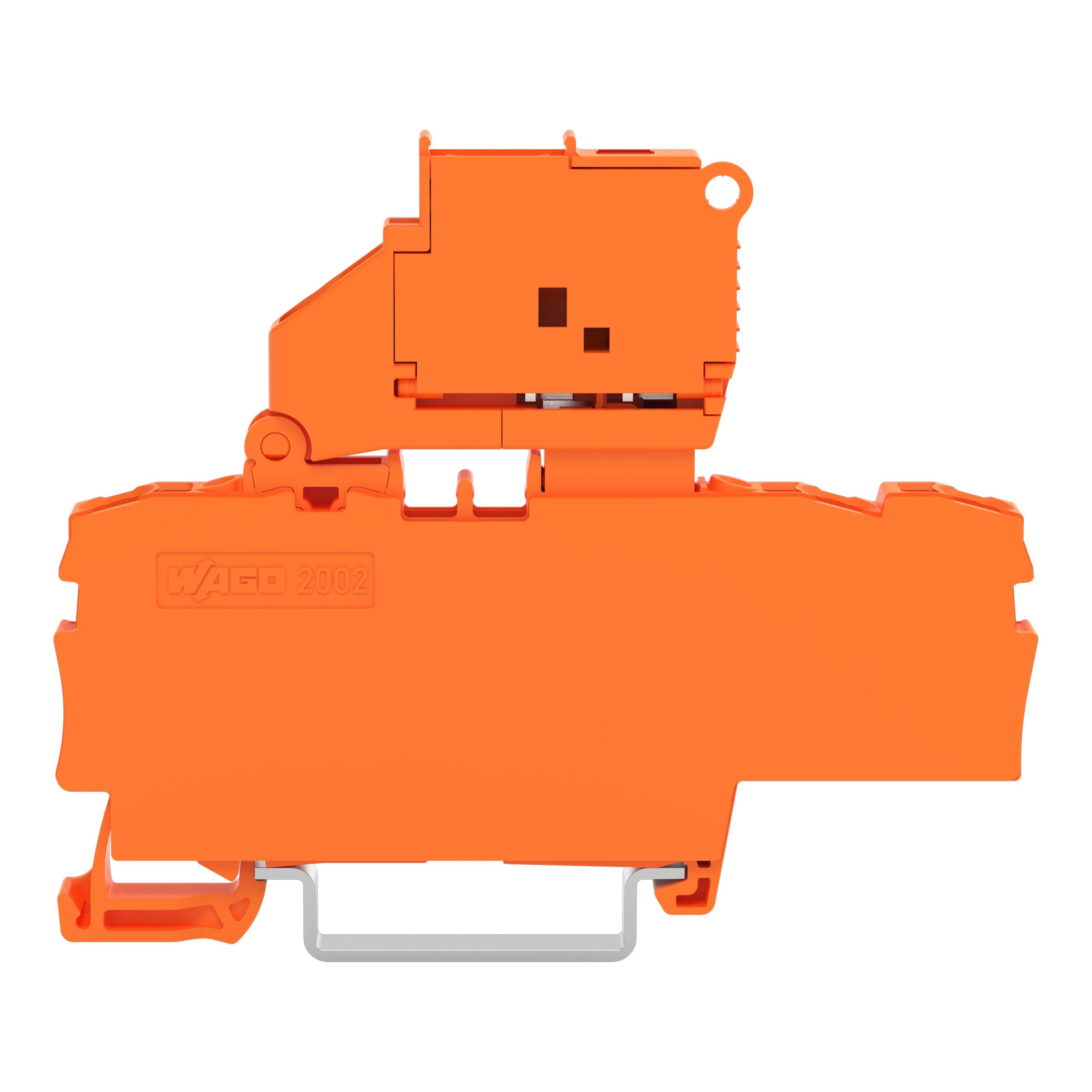 Ein orangefarbener Elektrostecker mit einem zweistufigen Design zur Montage auf einer DIN-Schiene, mit kompakter Konstruktion und einem Verriegelungsmechanismus.
