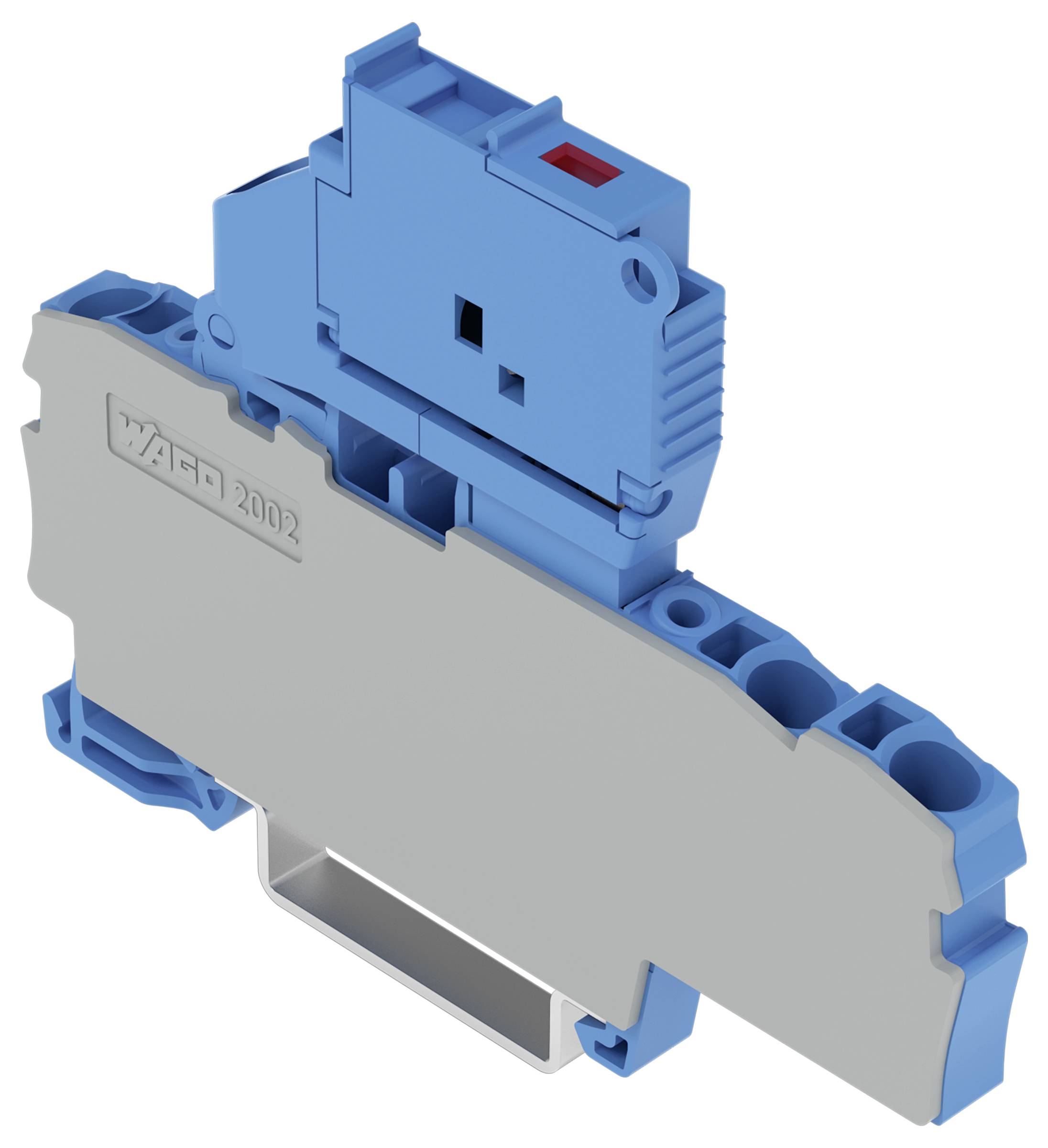 Ein blau und grau gefärbter Elektroklemmenblock mit der Bezeichnung „WAGO 2002