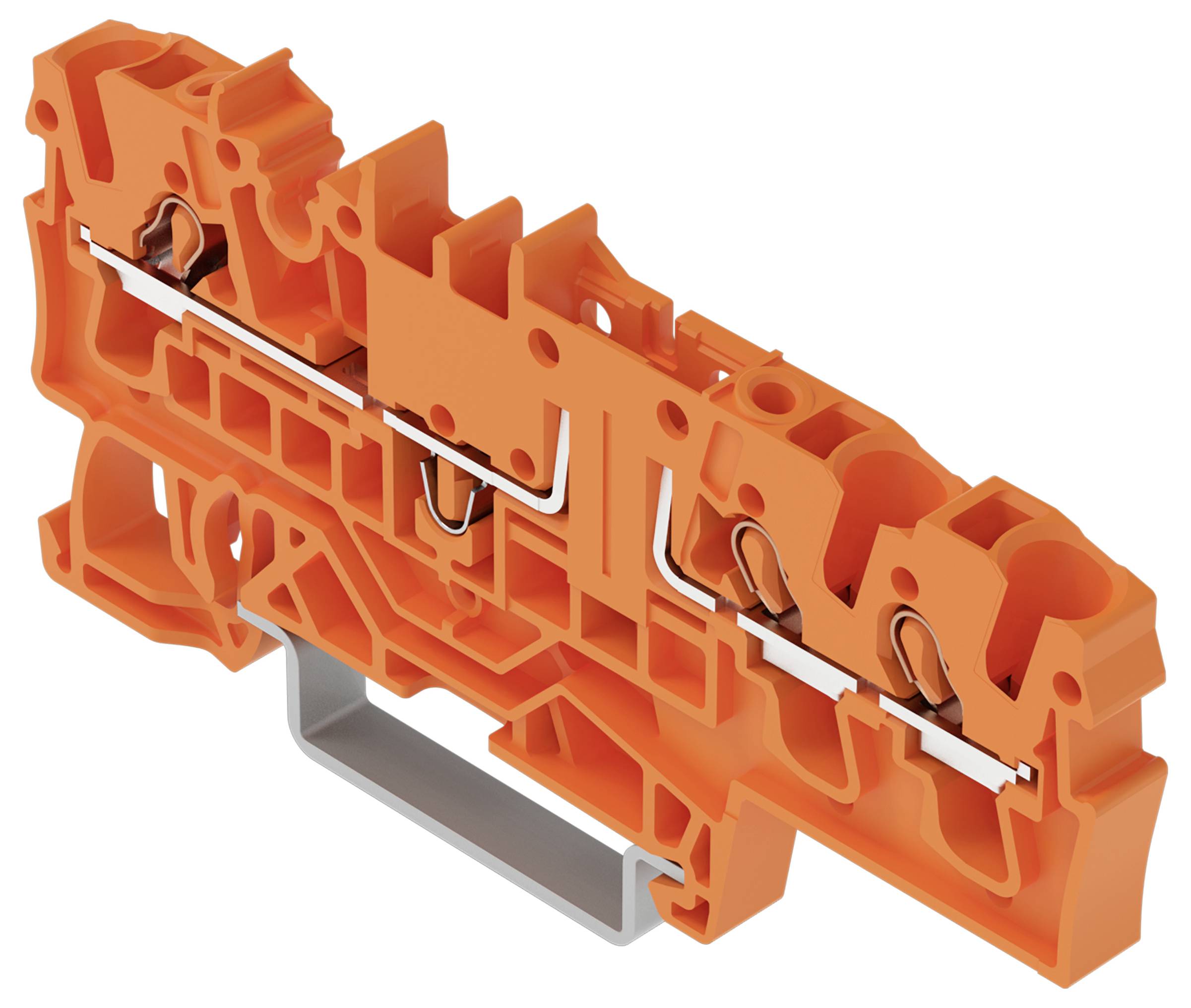 Ein orangefarbener Elektroanschlussblock mit Metallverbindern und einer grauen Basis, der zum organisierten Verbinden von Stromkreisen verwendet wird.