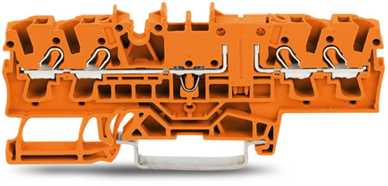 Ein orangefarbener Klemmblock mit einer komplizierten inneren Struktur, die mehrere Anschlußpunkte und Leitungswege für die elektrische Verdrahtung zeigt.
