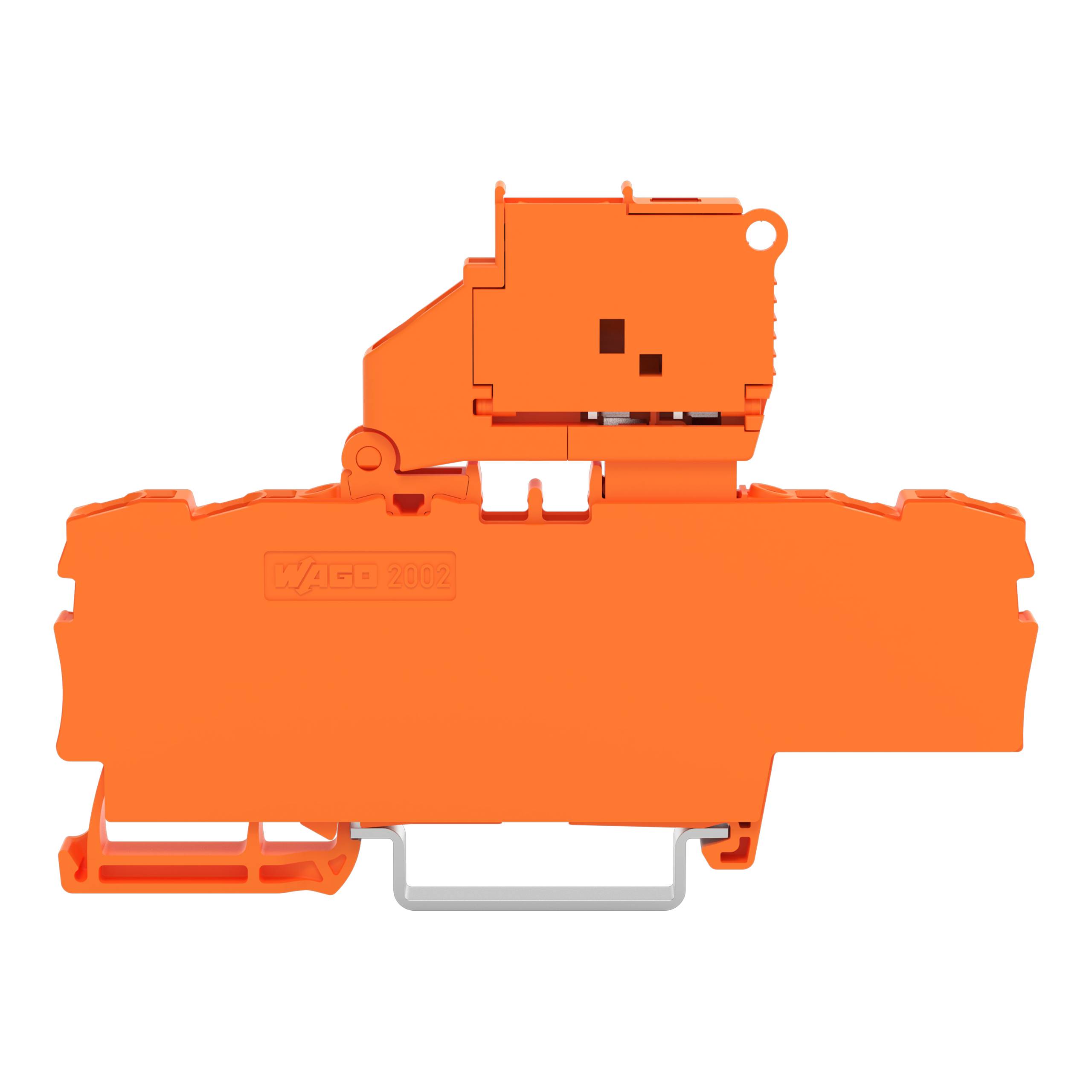 Ein orangefarbiger modularer Klemmenblock mit DIN-Schienenmontagesystem, der für elektrische Verbindungen in Schalttafeln verwendet wird.