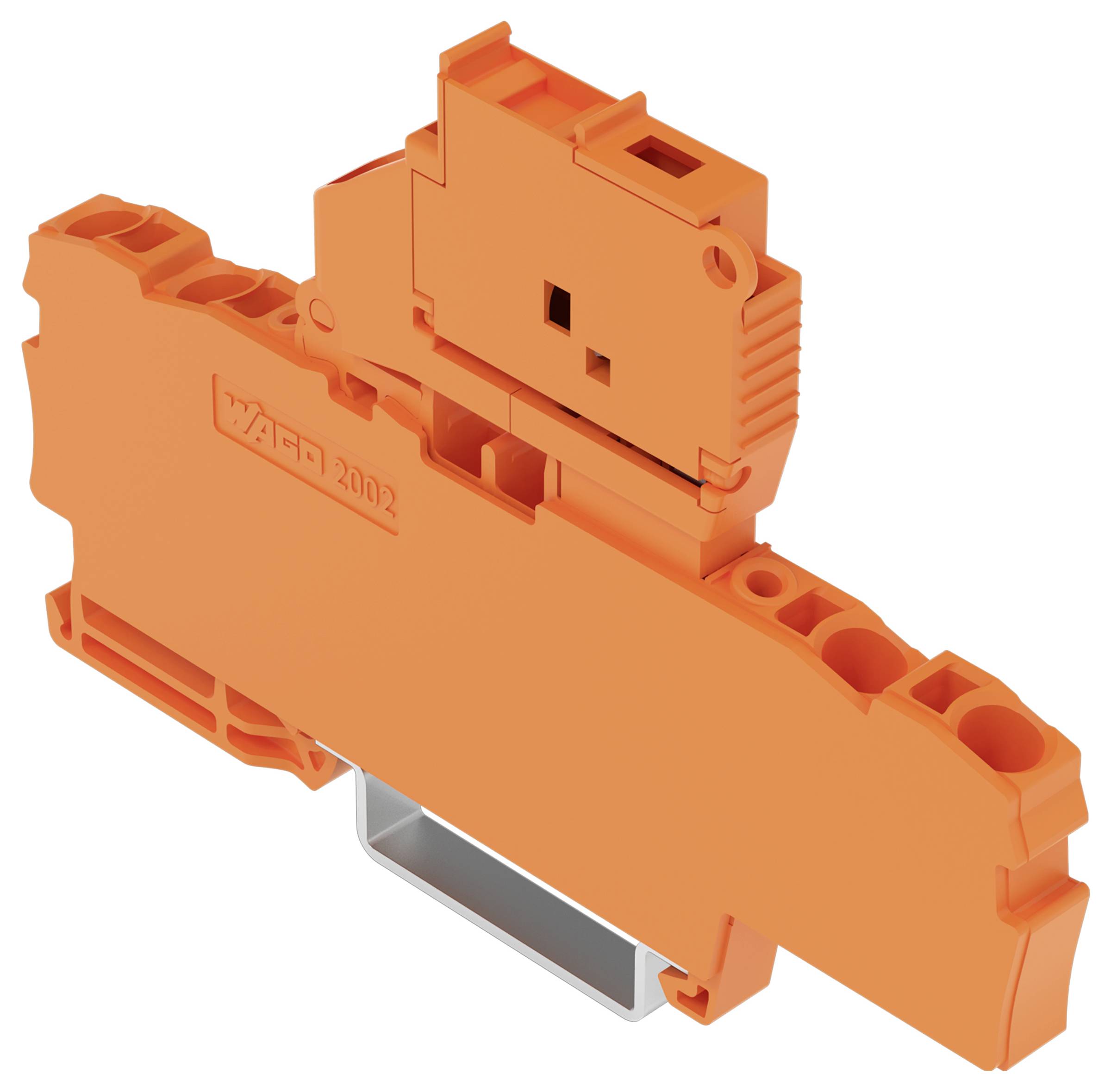 Ein orangefarbener elektrischer Klemmblock mit einer metallischen Montagebasis, der zur Verwendung in Schalt- und Steuersystemen konzipiert ist.