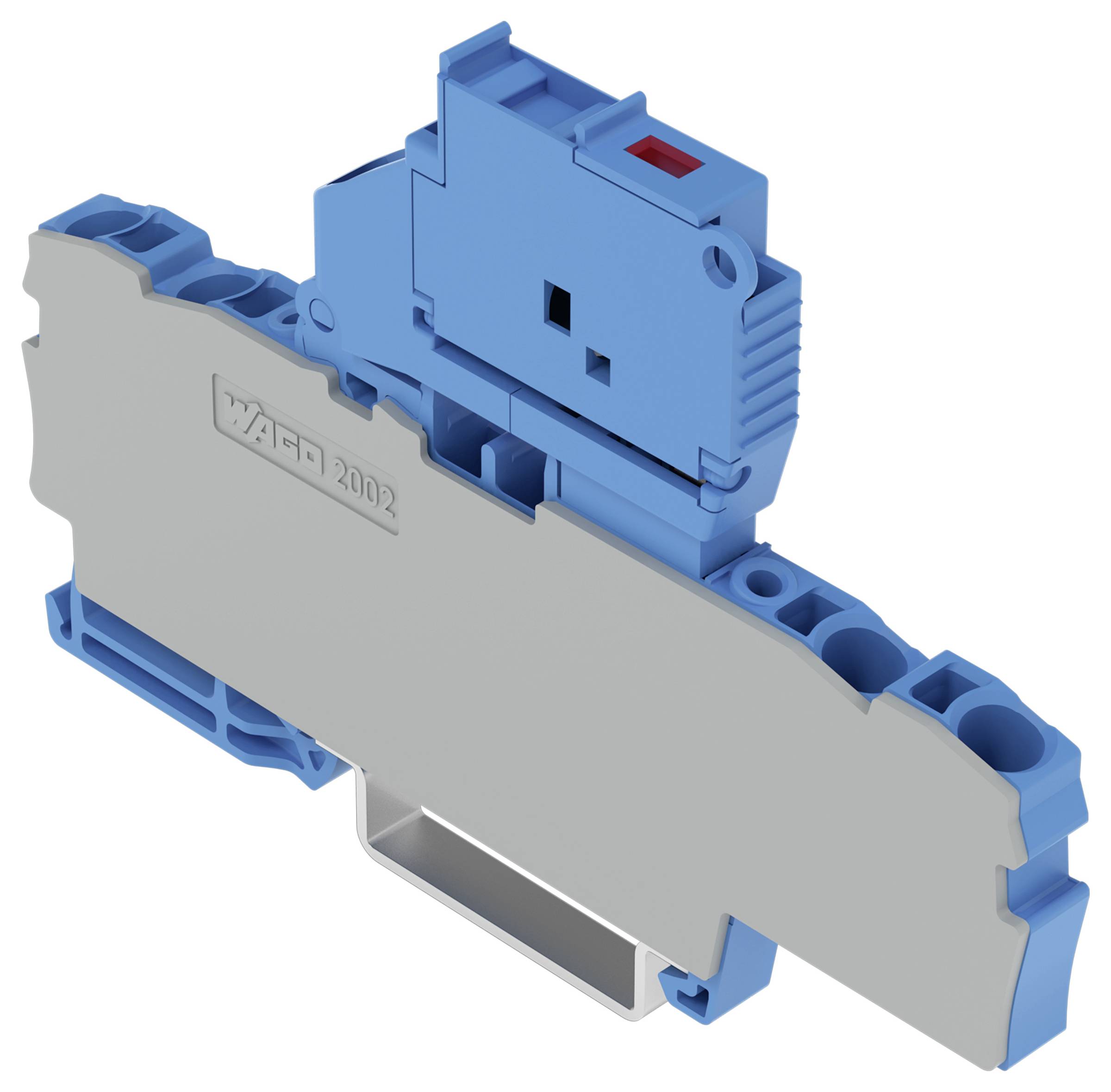 Ein blau und grau gefärbter elektrischer Klemmblock mit mehreren Anschllusspunkten, gekennzeichnet mit 'WAGO 2002', verwendet für die Drahtverwaltung in Schaltkreisen.