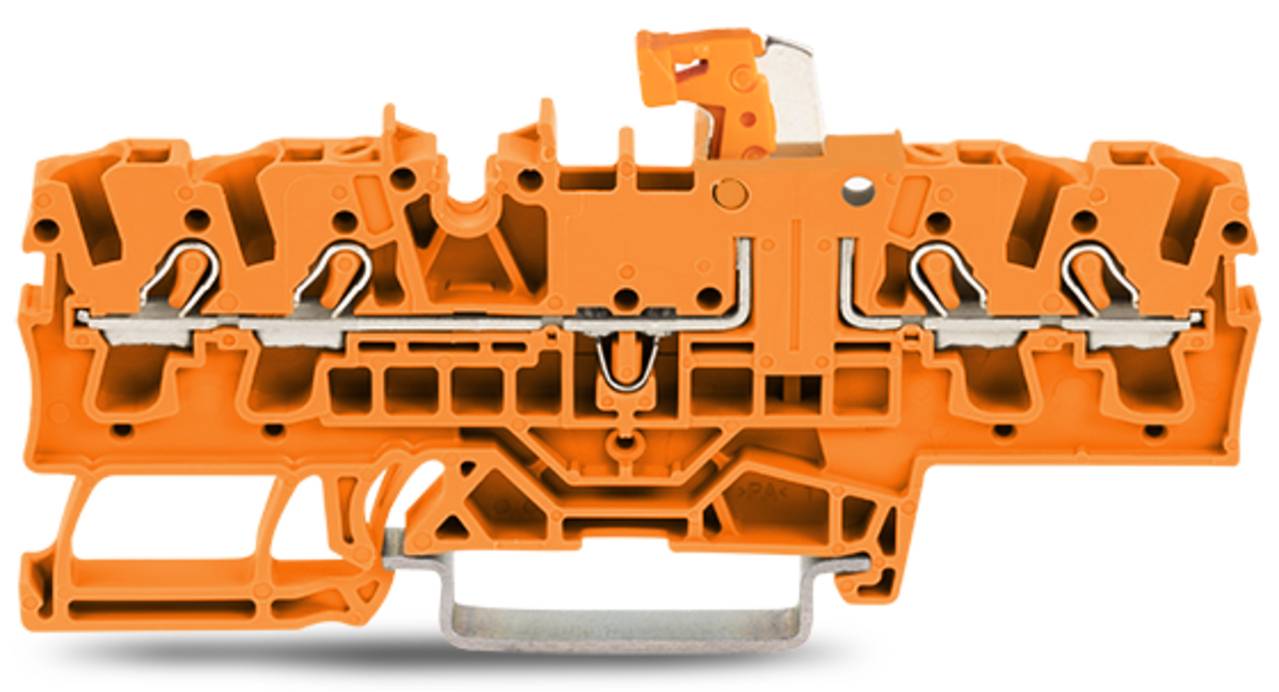 Frontansicht eines orangefarbenen modularen Anschlussblocks mit mehreren Verbindungspunkten, die seine komplexe innere Struktur und sein Design zeigt.