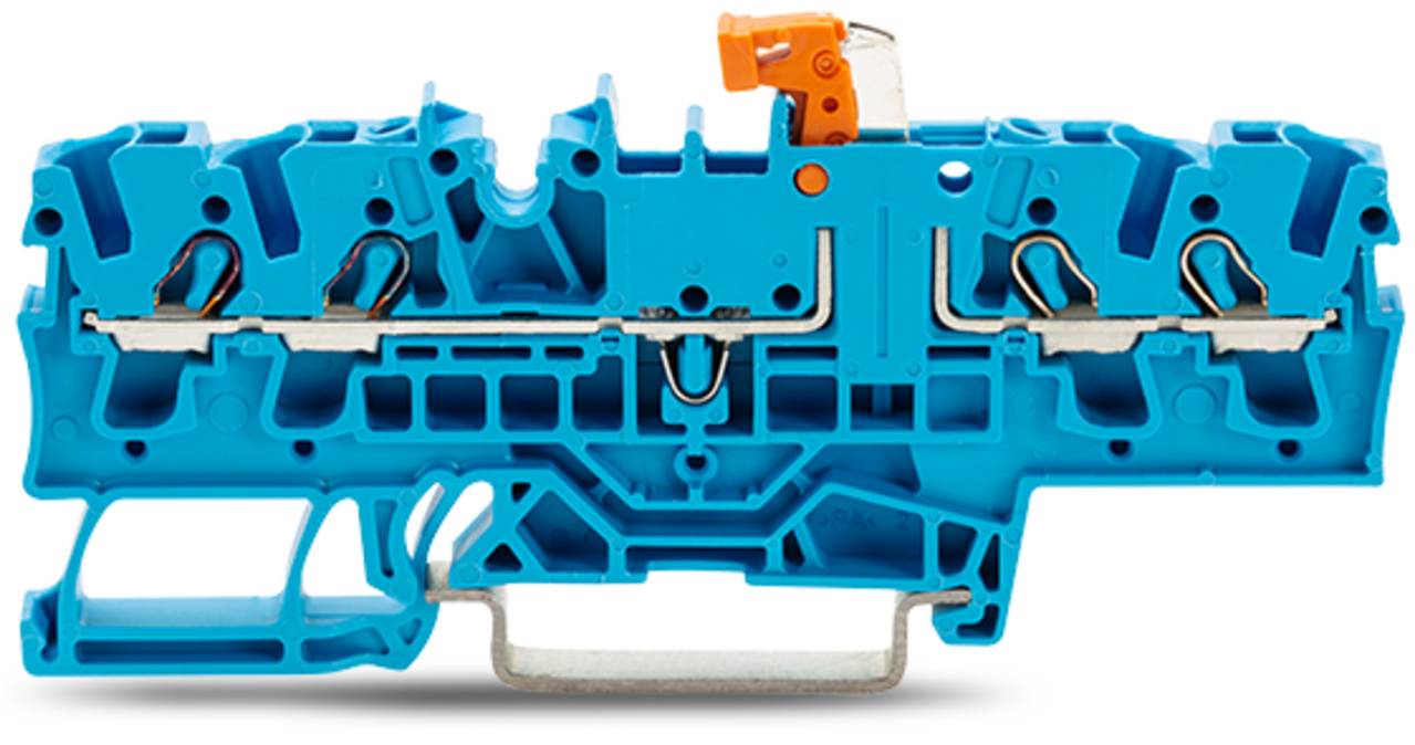 Ein blaues Elektroklemmenblöck mit Schraubanschlüssen und einem orangefarbenen Hebel, das zum sicheren Verbinden und Organisieren von elektrischen Drähten verwendet wird.