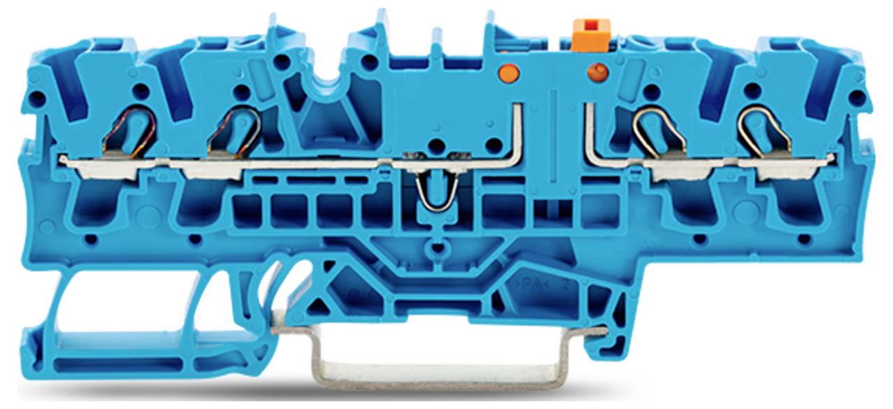 Querschnitt eines blauen Elektroanschlussblocks mit internen Metallverbindern und Leitungswegen für sichere Drahtverbindungen.