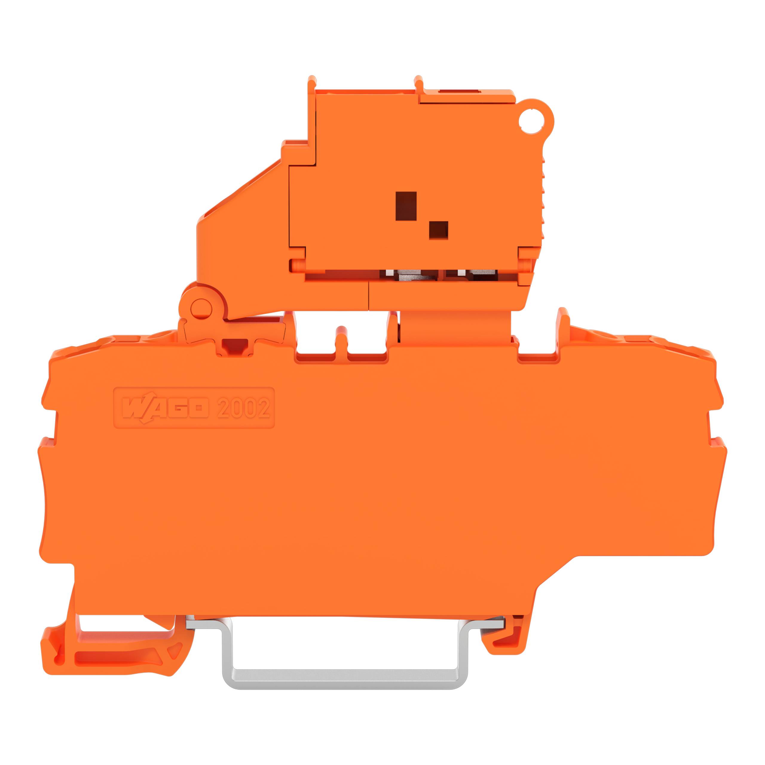 Ein orangefarbenes elektrisches Klemmleistenblock mit modularer Struktur, bestehend aus zwei Reihen für Drahtverbindungen und zur Montage auf einer DIN-Schiene.