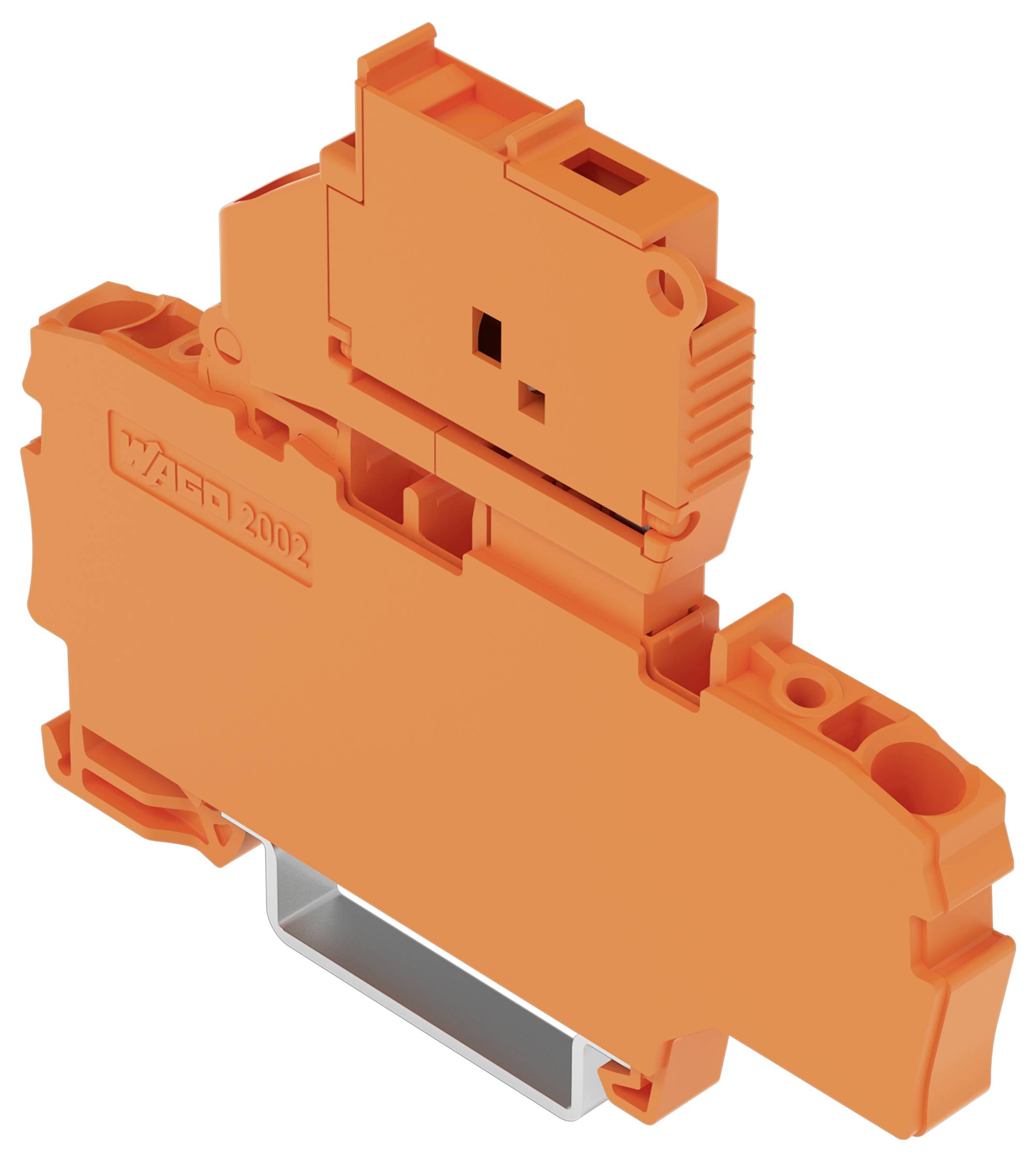 Oranges elektronisches Bauteil mit mehreren Anschlüssen, mit der Bezeichnung WAGO 2002, für die Hutschienenmontage ausgelegt, wird bei elektrischen Verbindungen verwendet.