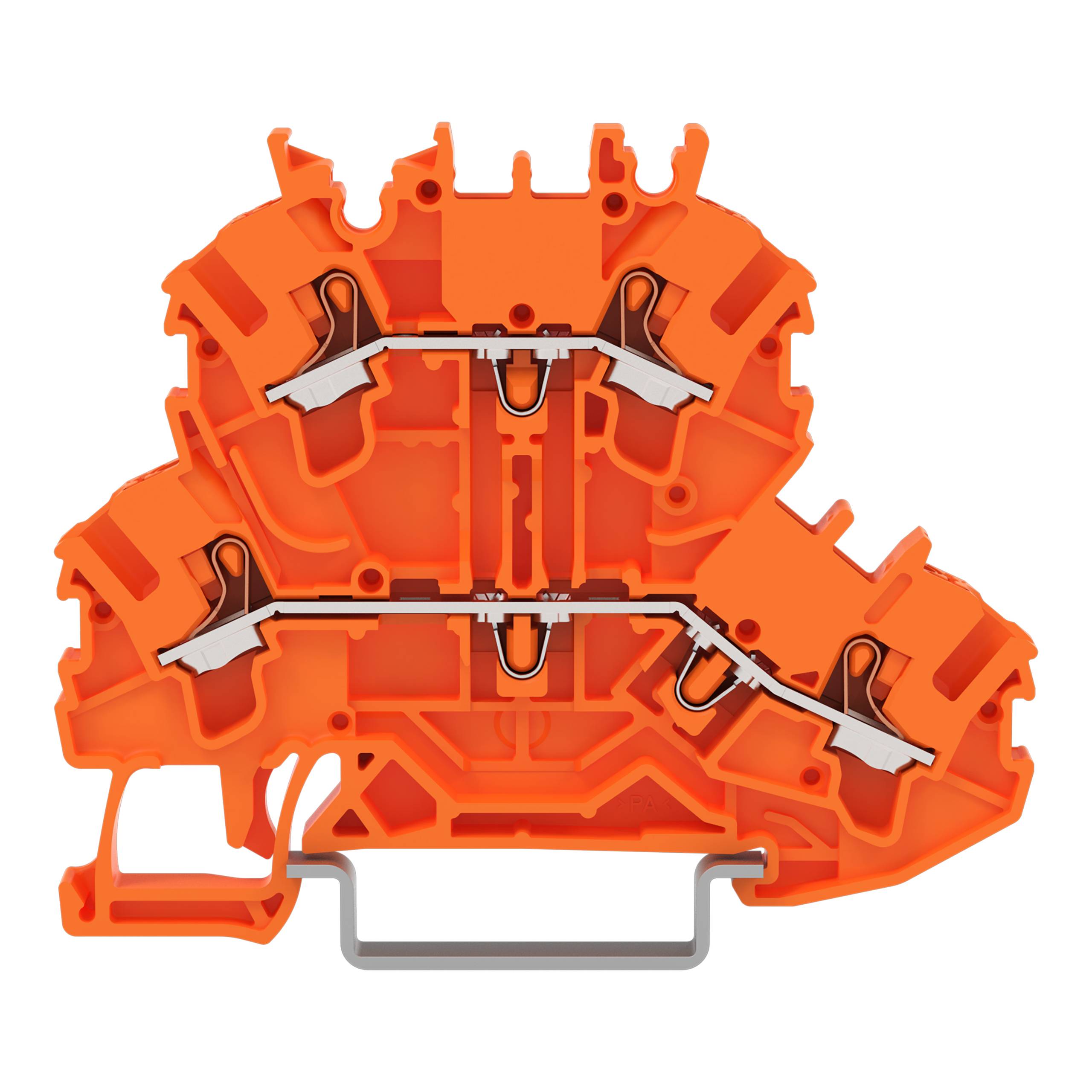 Ein orangefarbenes Industrialklemmenleistenklemme mit sichtbaren Metallverbindungen, entwickelt für die elektrische Verdrahtung.