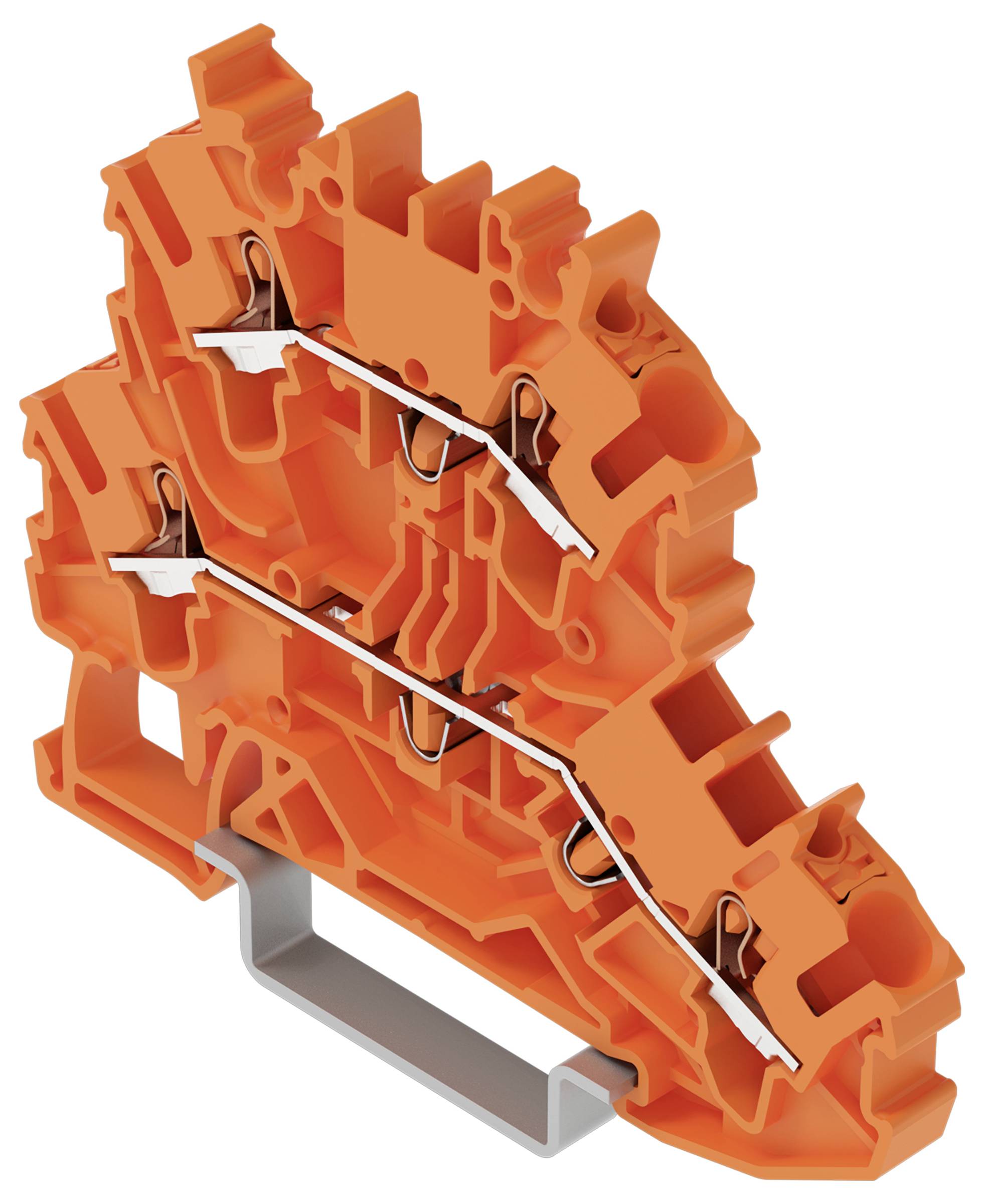 Ein orangefarbener elektrischer Anschlussblock mit Metallverbindern und Pfeilen, die den Stromfluss durch seine inneren Pfade anzeigen.