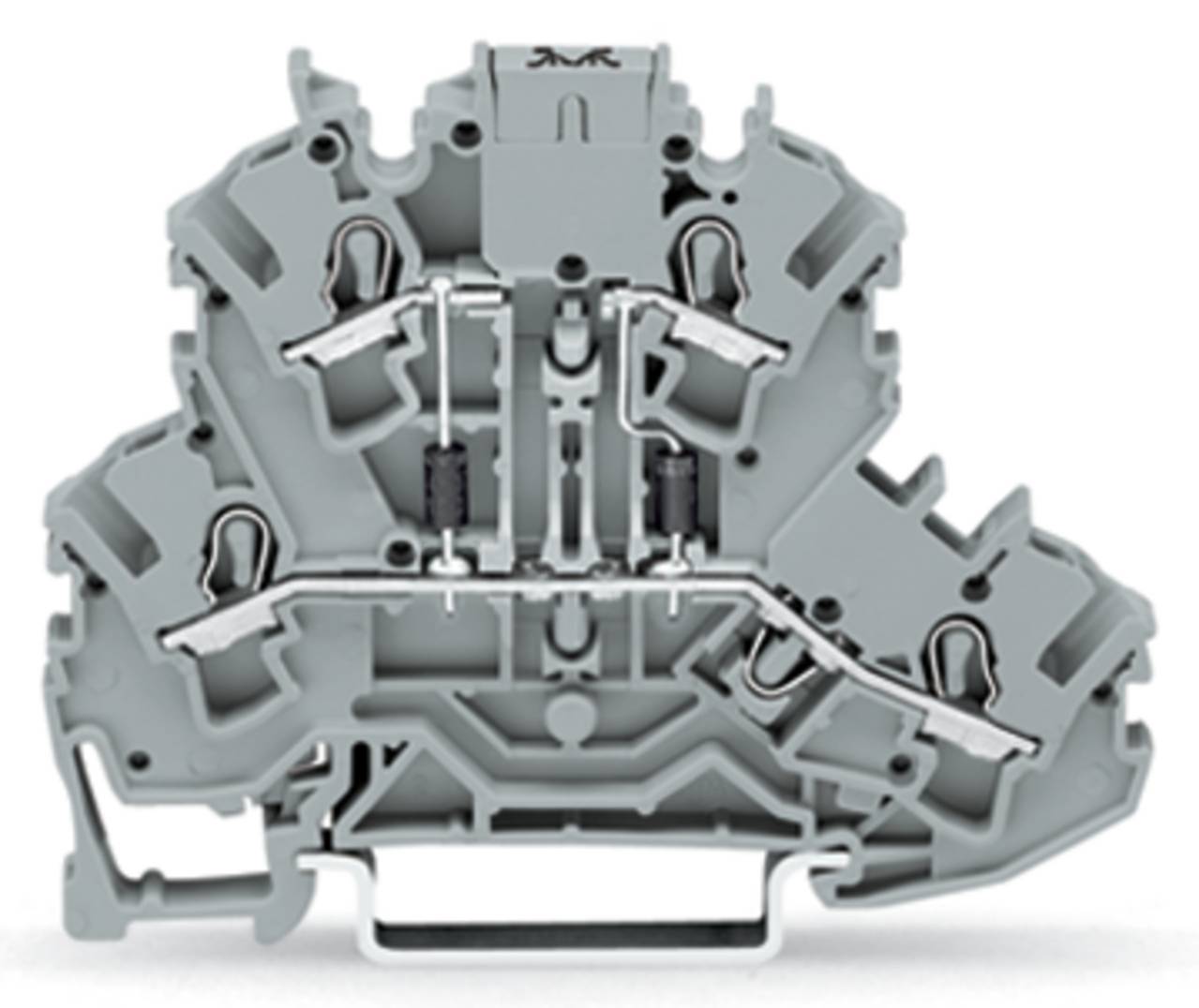 Ein graues Elektroterminalblock mit mehreren Anschlußpunkten und internen Metallkomponenten, das zum sicheren Verbinden von Drähten verwendet wird.