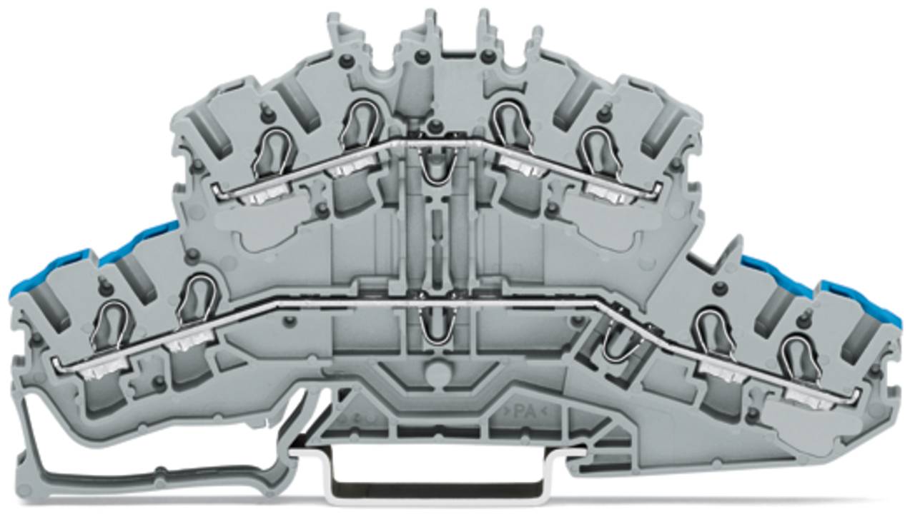 Nahaufnahme eines grauen Elektroklemmenblocks mit sichtbaren internen Verbindungen und Metallhalterungen, der zur Verdrahtung und Schaltungsintegration verwendet wird.