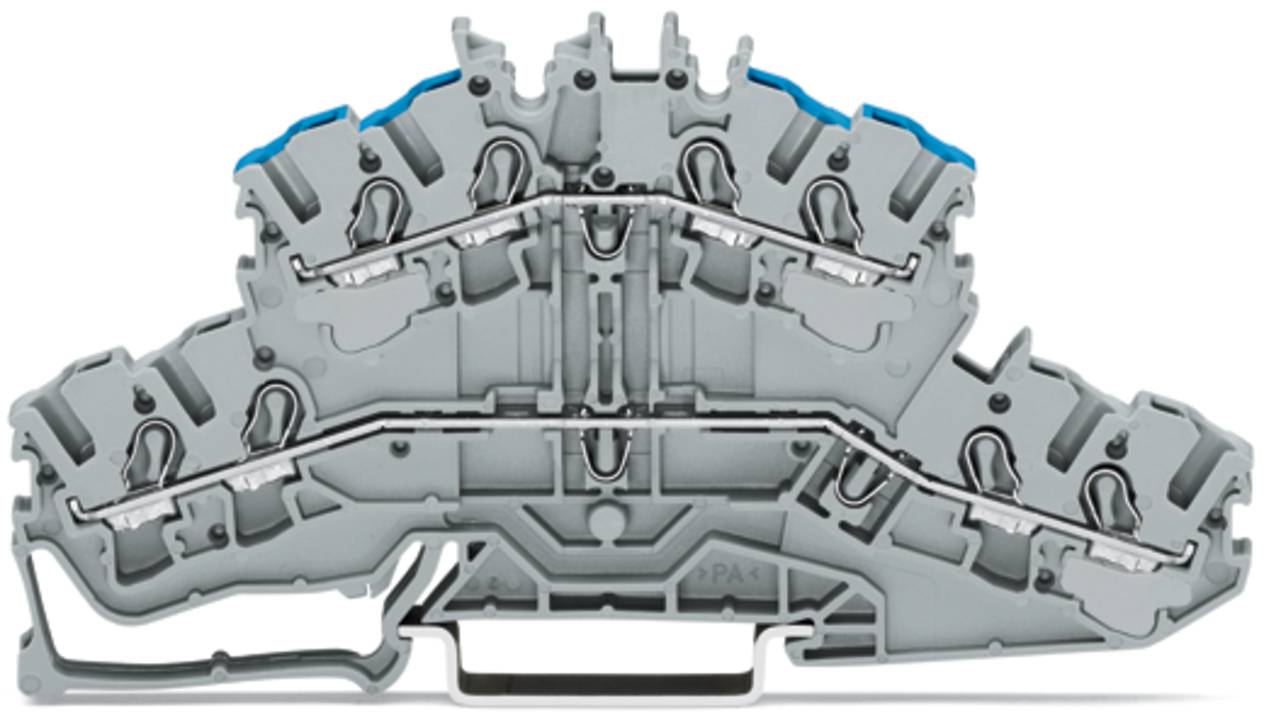 Industrielle Anschlussklemme mit mehreren Anschlußpunkten und robustem, geschwungenem Design, mit blauen Akzenten auf der oberen Kante.