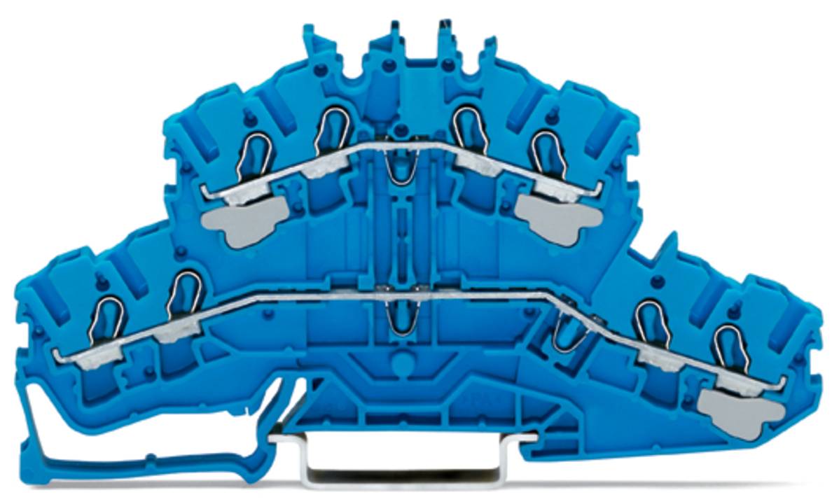 Ein blauer Klemmblock mit doppelter Ebene mit einer inneren Ansicht, die Metallverbinder und Verkabelungskanäle für elektrische Verbindungen zeigt.