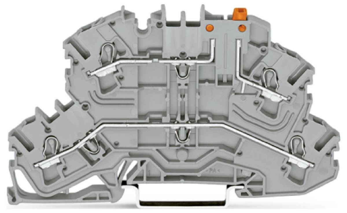Ein komplexes, mehrschichtiges graues elektrisches Anschlussblock mit einem orangefarbenen Verriegelungsclip, das interne Metallverdrahtungswege zeigt.