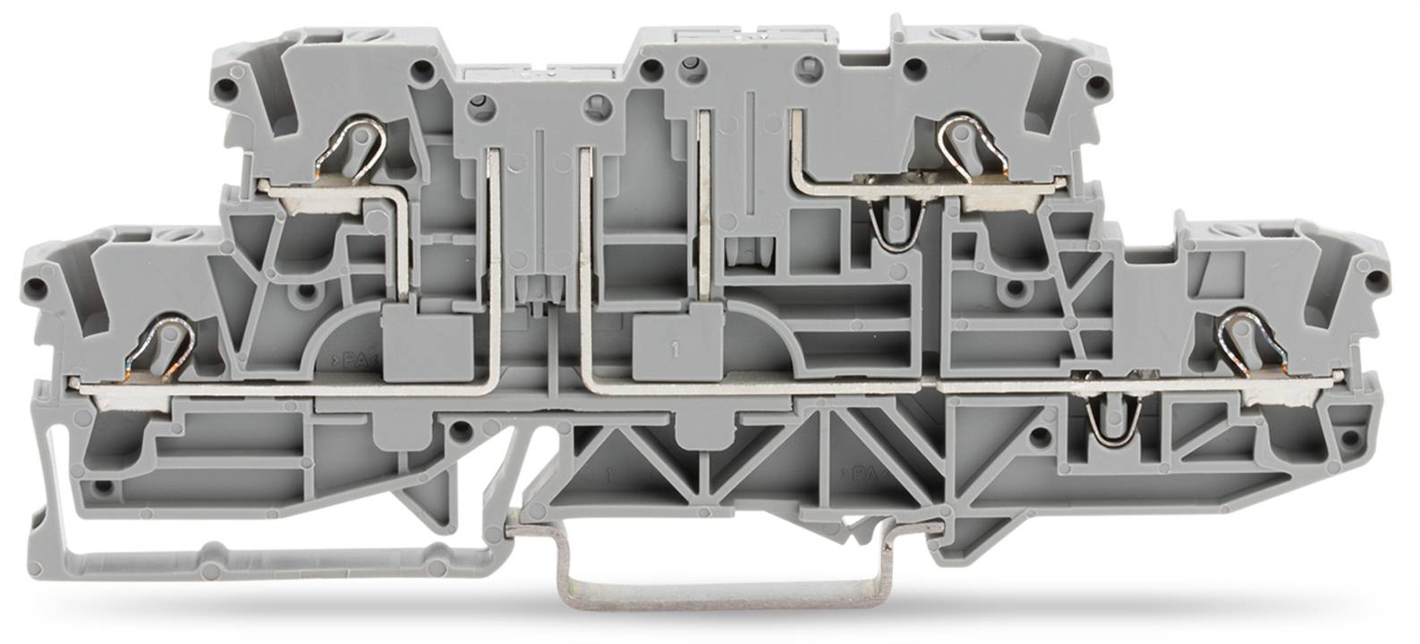Ein grauer, modularer Elektroklemmenblock mit mehreren Anschlußpunkten, der zur Organisierung und Verbindung von Stromkreisen in Schaltschränken verwendet wird.