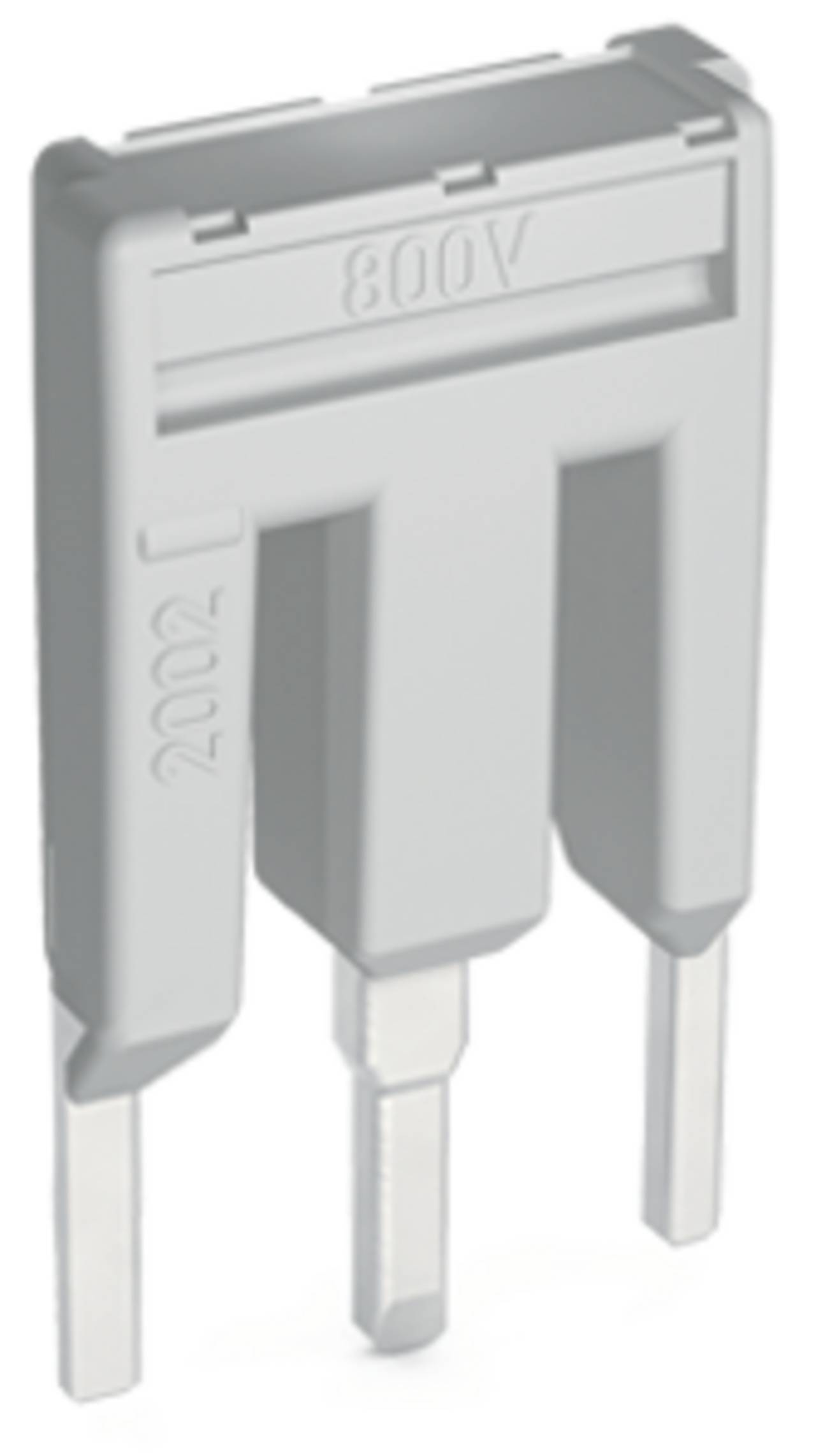 Ein 800-V-Stecker mit zwei Kontakten und grauem Gehäuse mit der Kennzeichnung 2002.