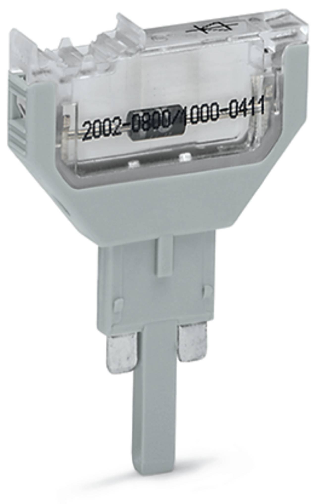 Eine Nahaufnahme einer elektrischen Komponente mit Stiften und einer transparenten Abdeckung, auf der die Nummern „2002-0800/0000-0411