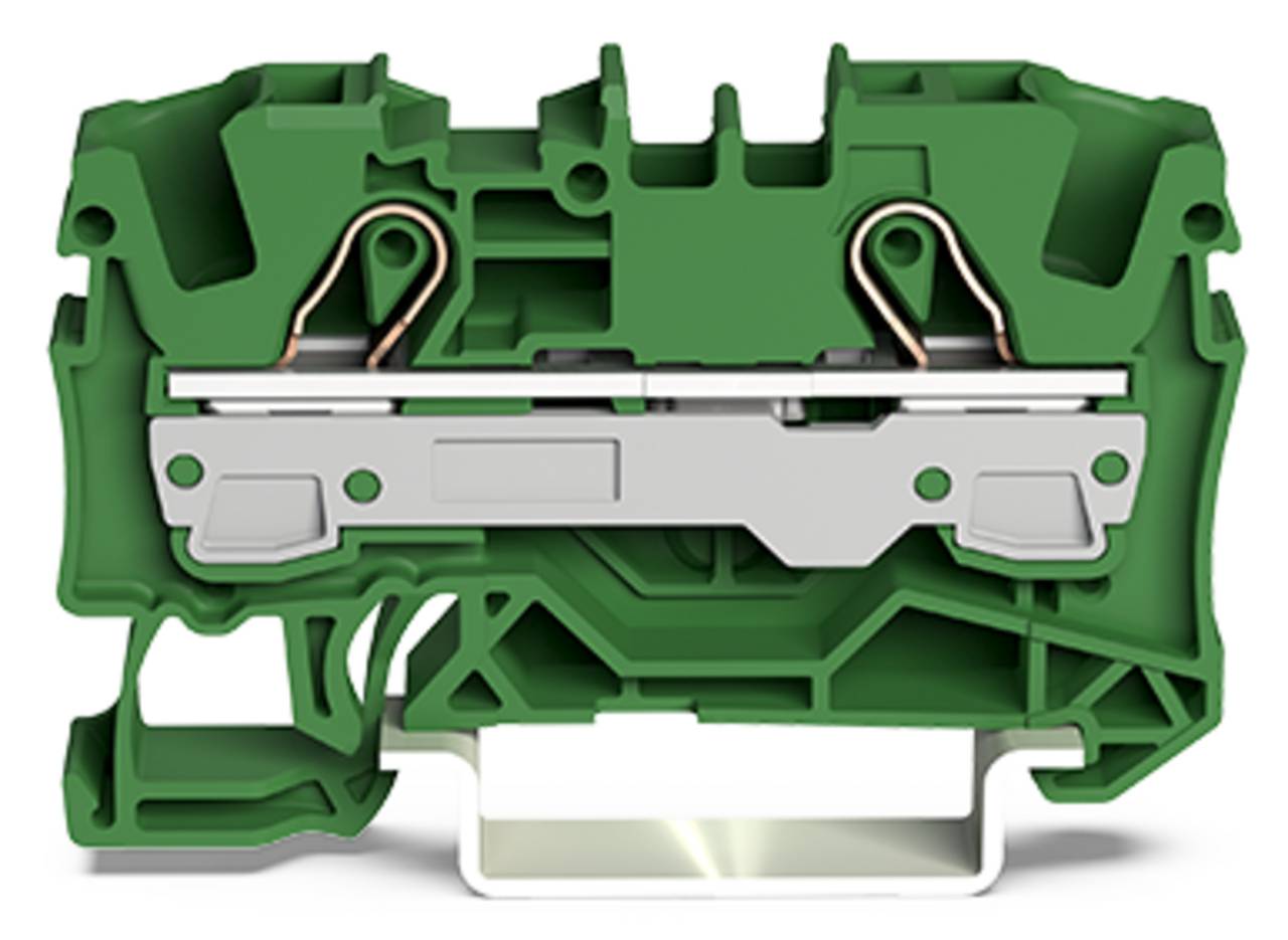 Ein grünes Klemmleistenmodul mit Metallkomponenten, das zum Befestigen und Verbinden von elektrischen Drähten in Industrieanwendungen konzipiert ist.