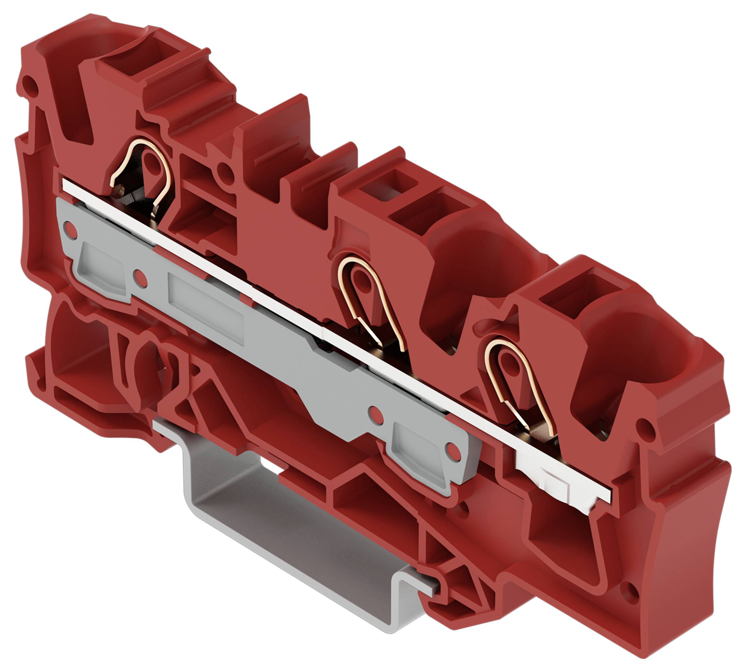 Ein rotes Elektroklemmenblock, von der Seite gezeigt, mit hervorgehobenen internen Metallkonnektoren und Struktur, die für sichere Verdrahtungsverbindungen verwendet wird.
