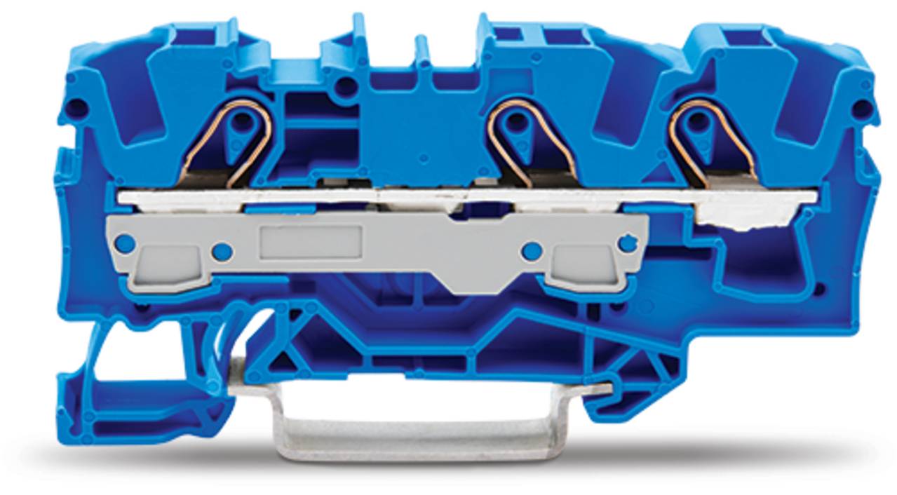 Ein blaues, modulares DIN-Schienenklemmenblock mit schraubenlosen Anschlüssen und einer Metallanschlusshalterung auf der Unterseite.