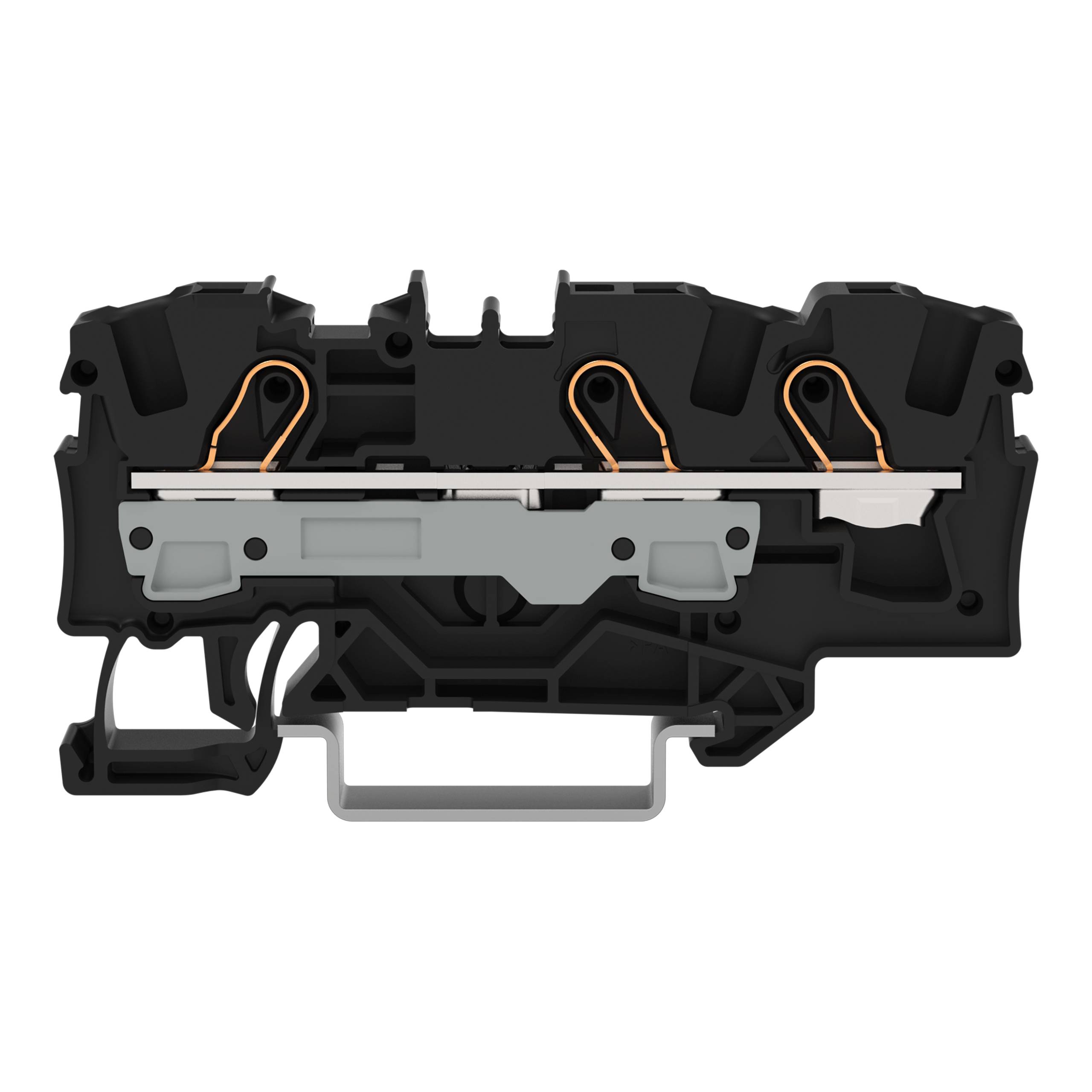 Querschnitt eines schwarz-grauen Elektroklemmenblocks mit internen Kupferverbindern und strukturellen Designelementen.