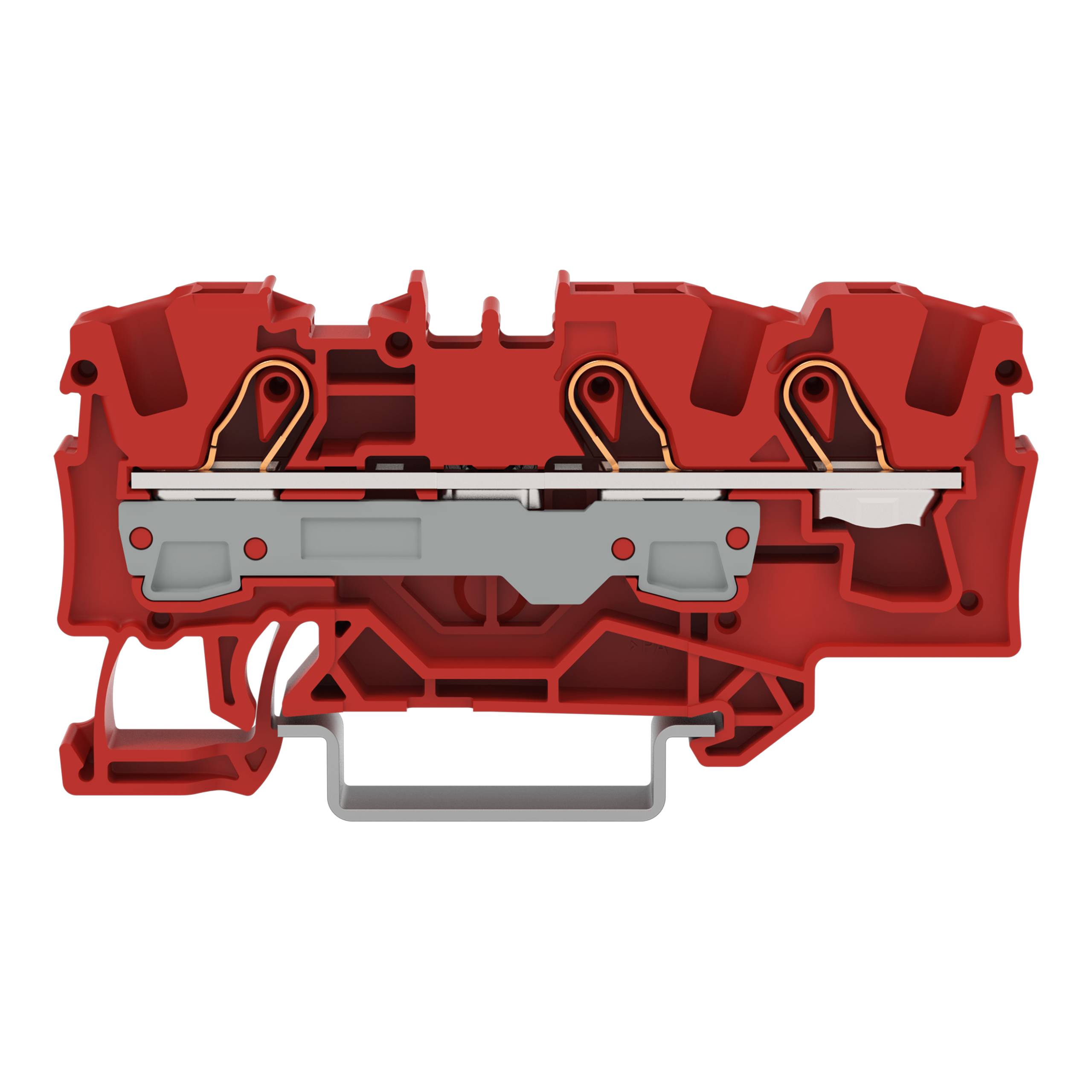 Querschnitt eines roten Terminalblocks mit sichtbaren internen Metallverbindern und Isolationsstruktur.