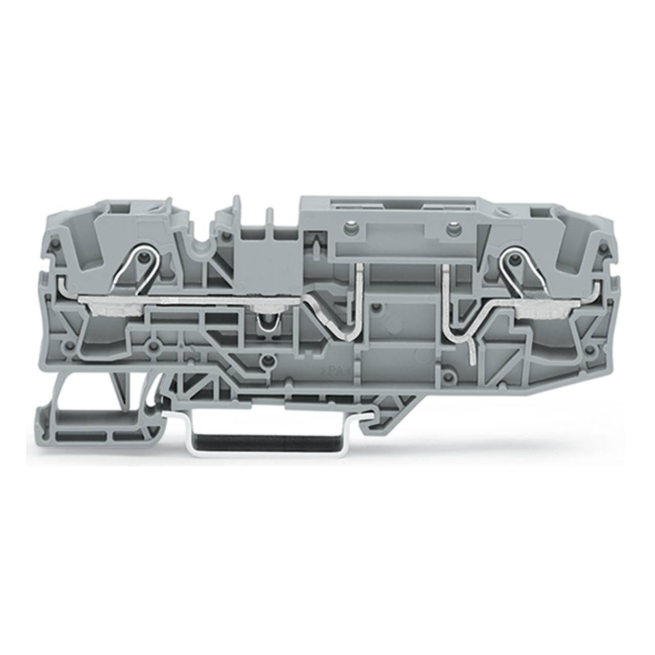 Ein grauer, detaillierter Querschnitt einer elektrischen Klemmleiste mit sichtbaren Verdrahtungskanälen und mechanischen Anschlüssen.