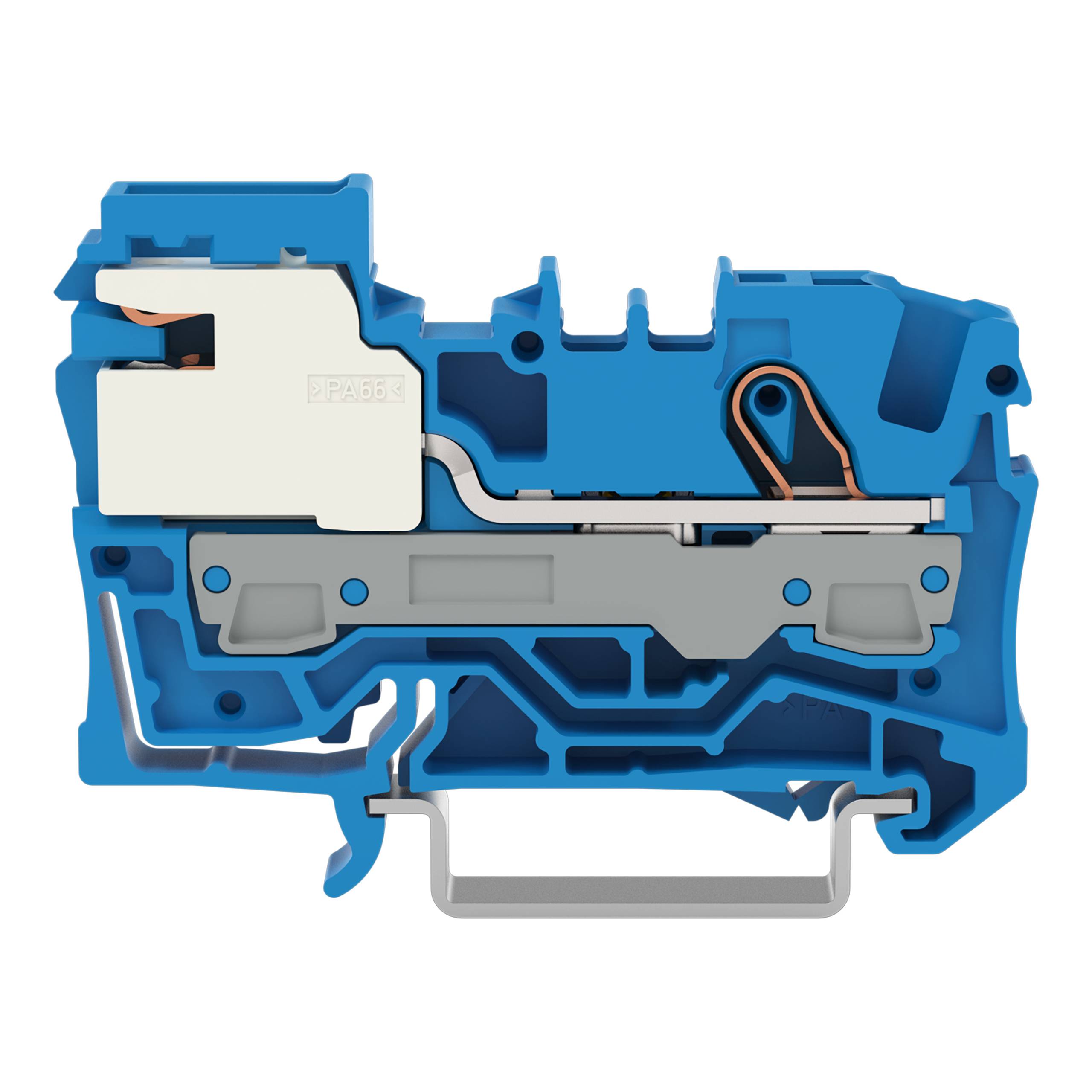 Ein Elektroklemmenblock mit blauem und grauem Design, der einen internen Querschnitt der Komponenten zeigt und deren Verbindungen veranschaulicht.