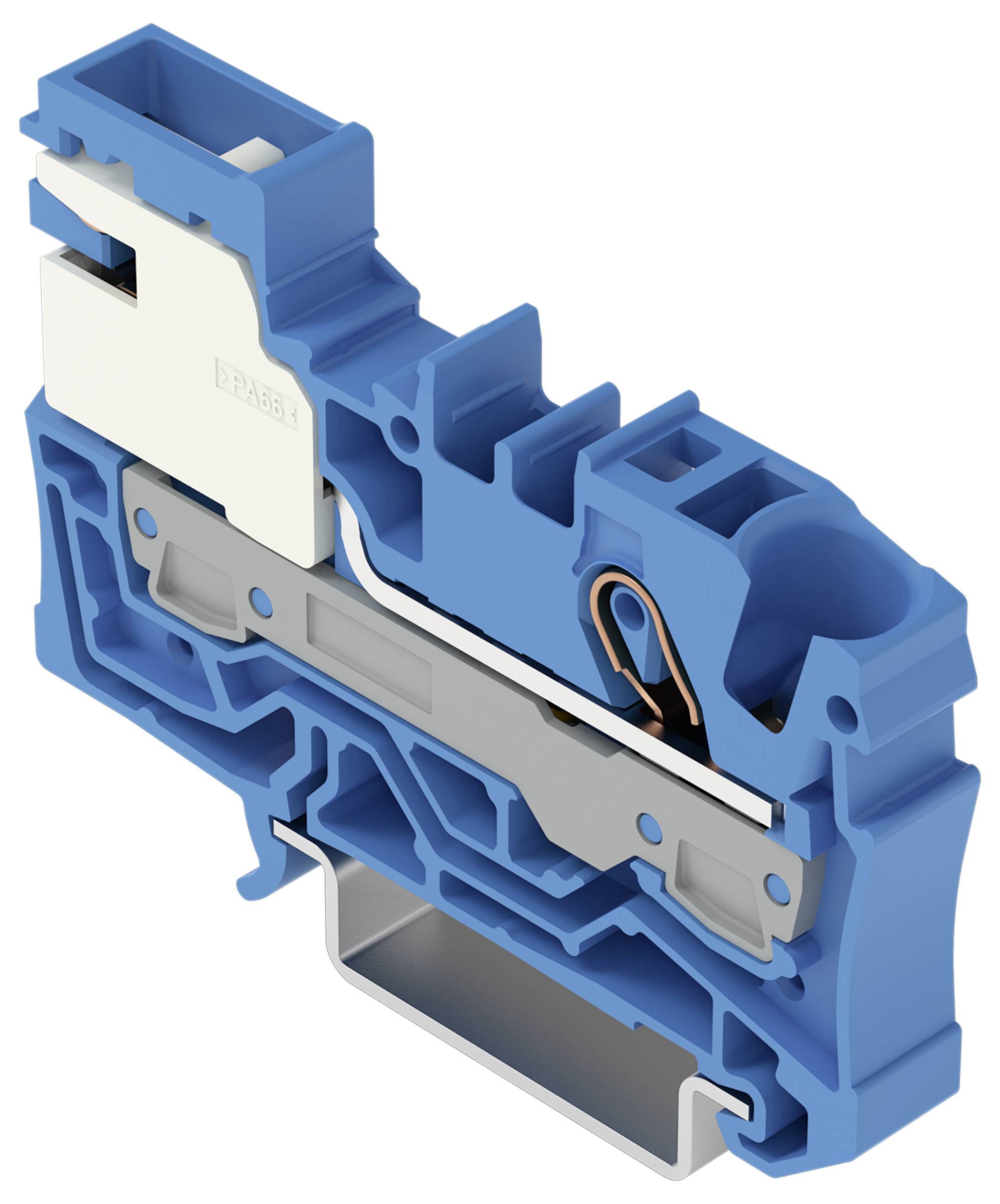 Ein blauer Klemmblock mit einem kupferleitenden Element und einer Metallklammer, der zum Verbinden von elektrischen Drähten verwendet wird.