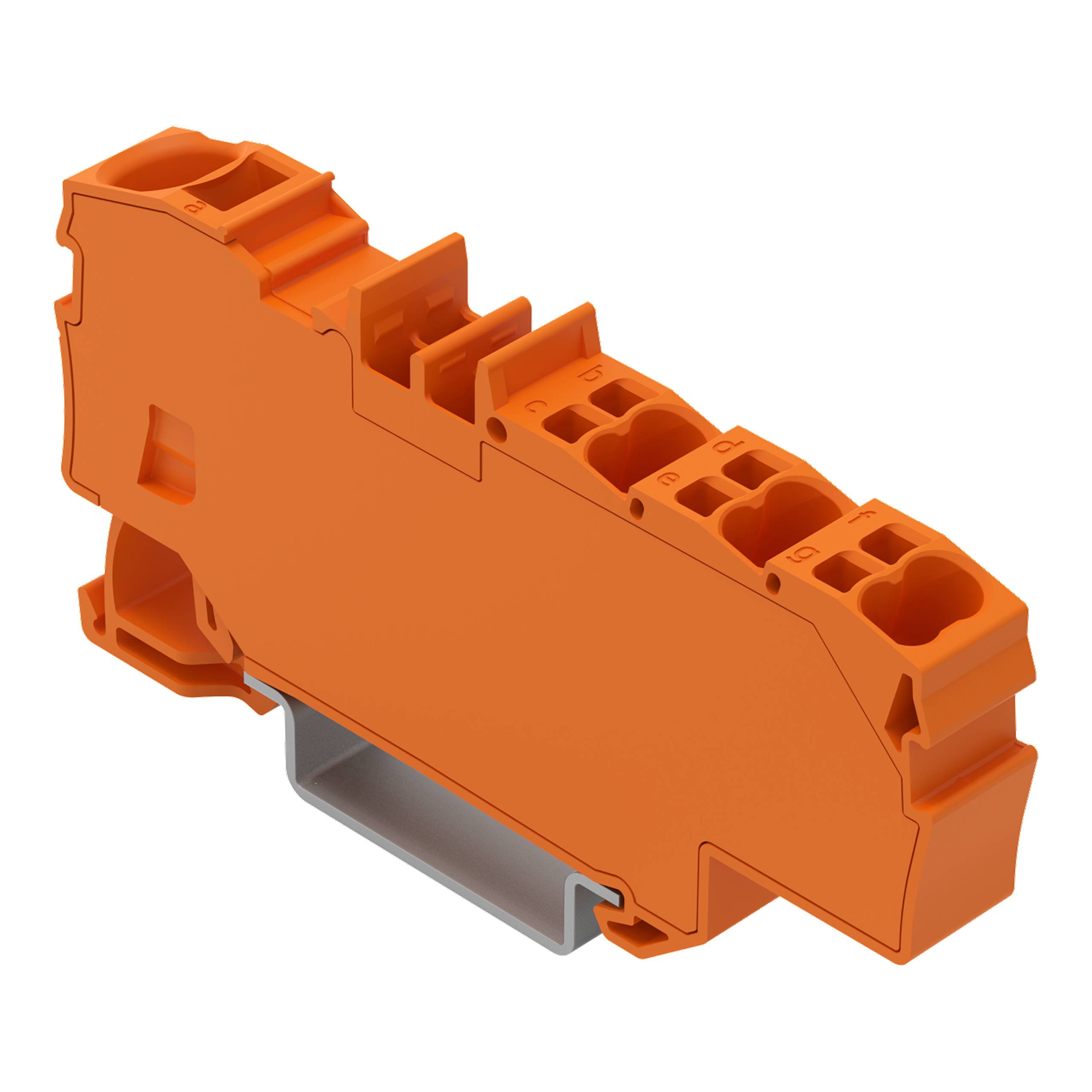 Ein oranges modulares Klemmenblock mit mehreren Anschlussanschlüssen und einer Montagebasis, das für die Verdrahtungsmontage in der Elektrotechnik verwendet wird.