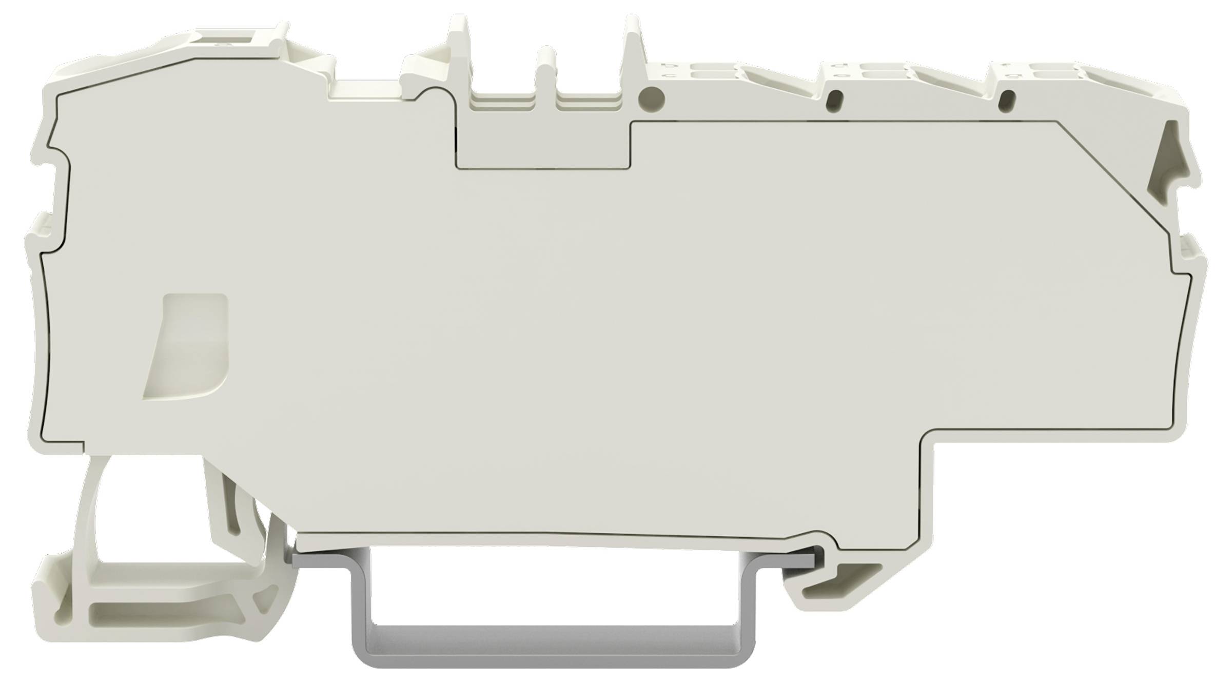 Ein weißer elektrischer DIN-Schienenklemmenblock mit neutralem Design, verwendet zum Verbinden von elektrischen Komponenten in einem Schaltschrank.