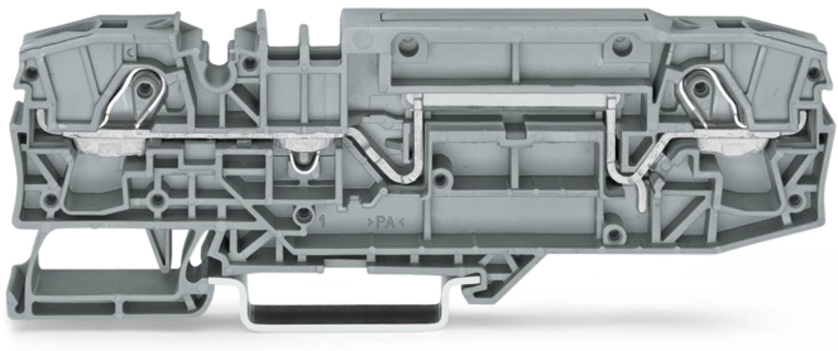 Eine graue Industriekomponente mit komplizierten geometrischen Mustern, die mehrere Schlitze, Rippen und Metallverbinder aufweist.
