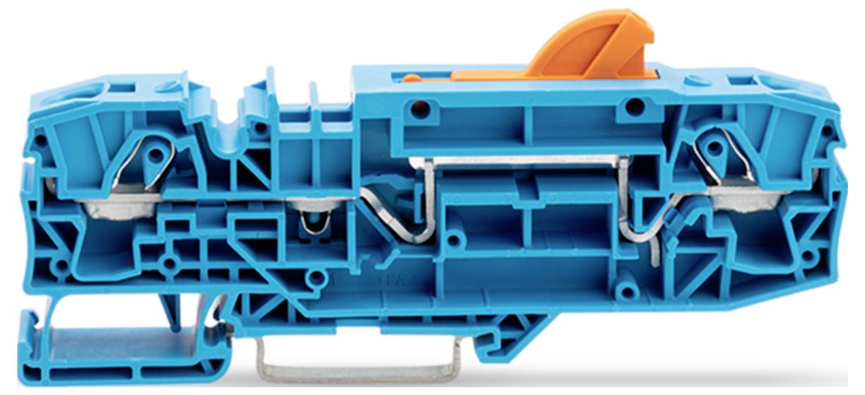 Ein Querschnitt eines blauen Elektroklemmenblocks mit einem orangefarbenen Hebel, der die innere Struktur und Komponenten für die Drahtverbindung zeigt.